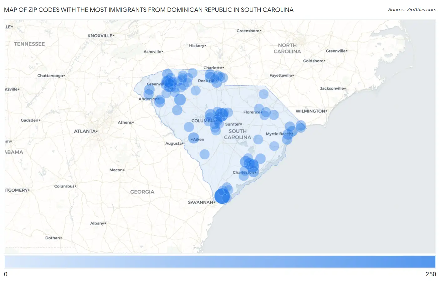 Zip Codes with the Most Immigrants from Dominican Republic in South Carolina Map