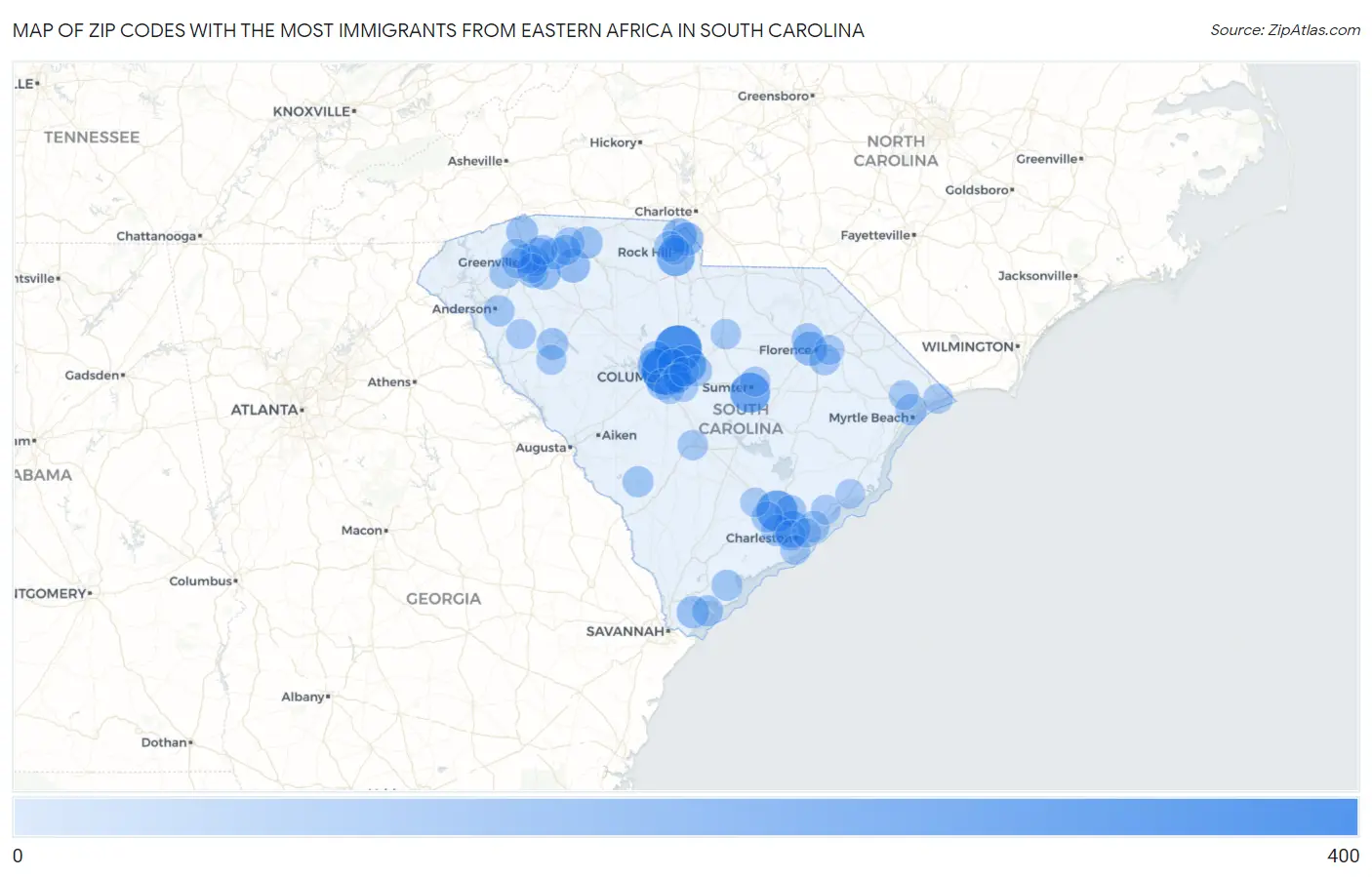 Zip Codes with the Most Immigrants from Eastern Africa in South Carolina Map