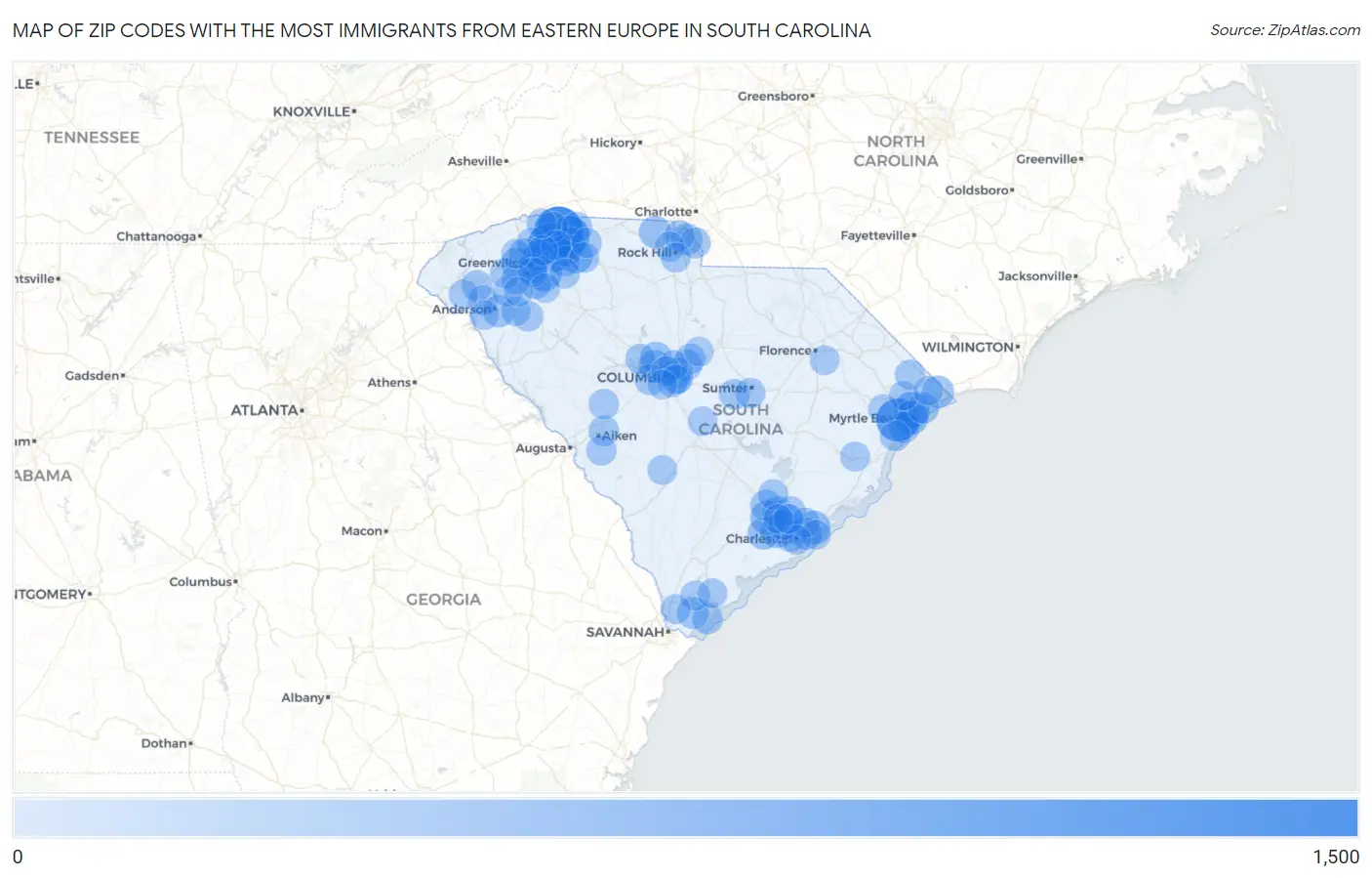 Zip Codes with the Most Immigrants from Eastern Europe in South Carolina Map