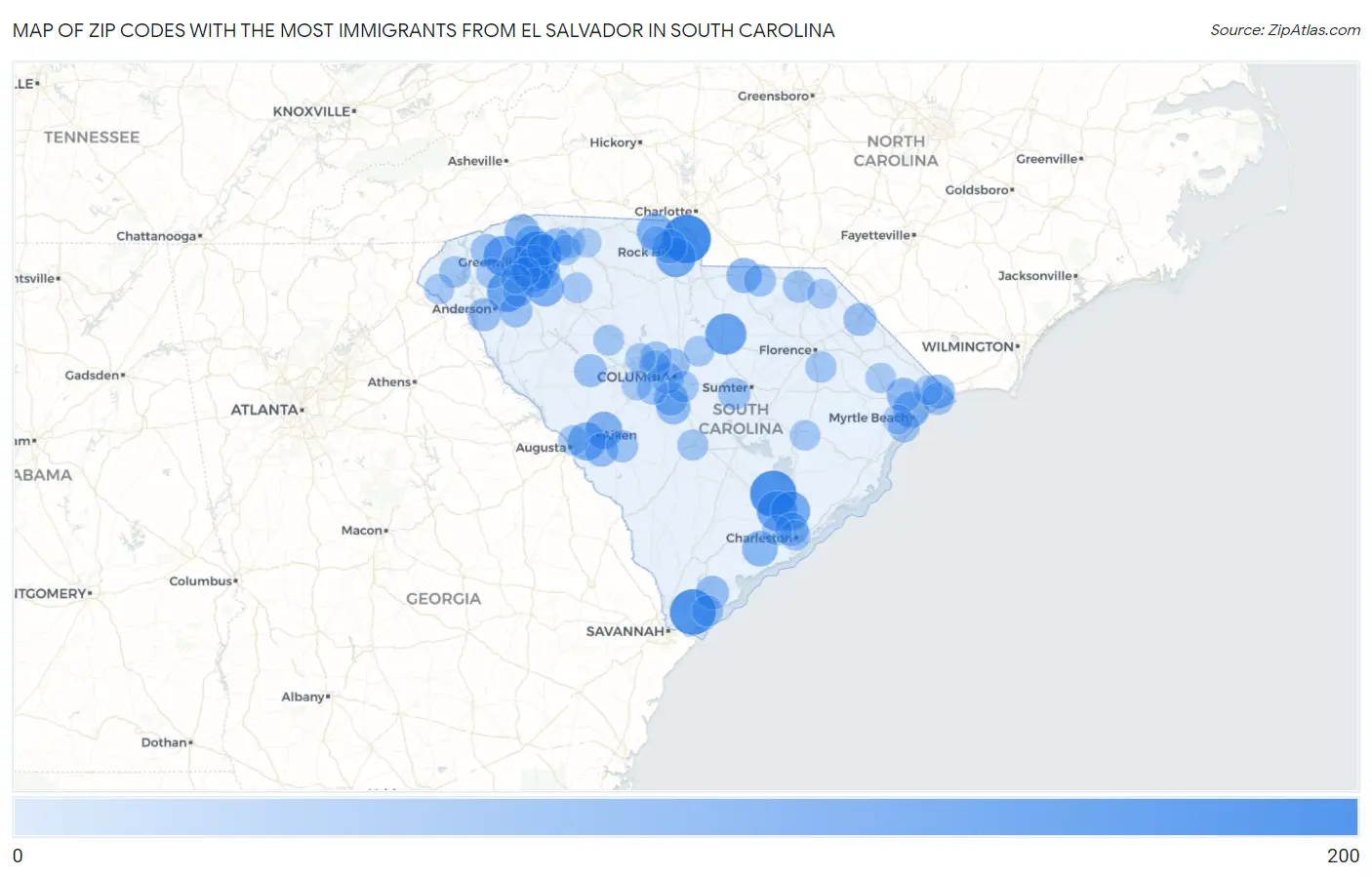 Zip Codes with the Most Immigrants from El Salvador in South Carolina Map