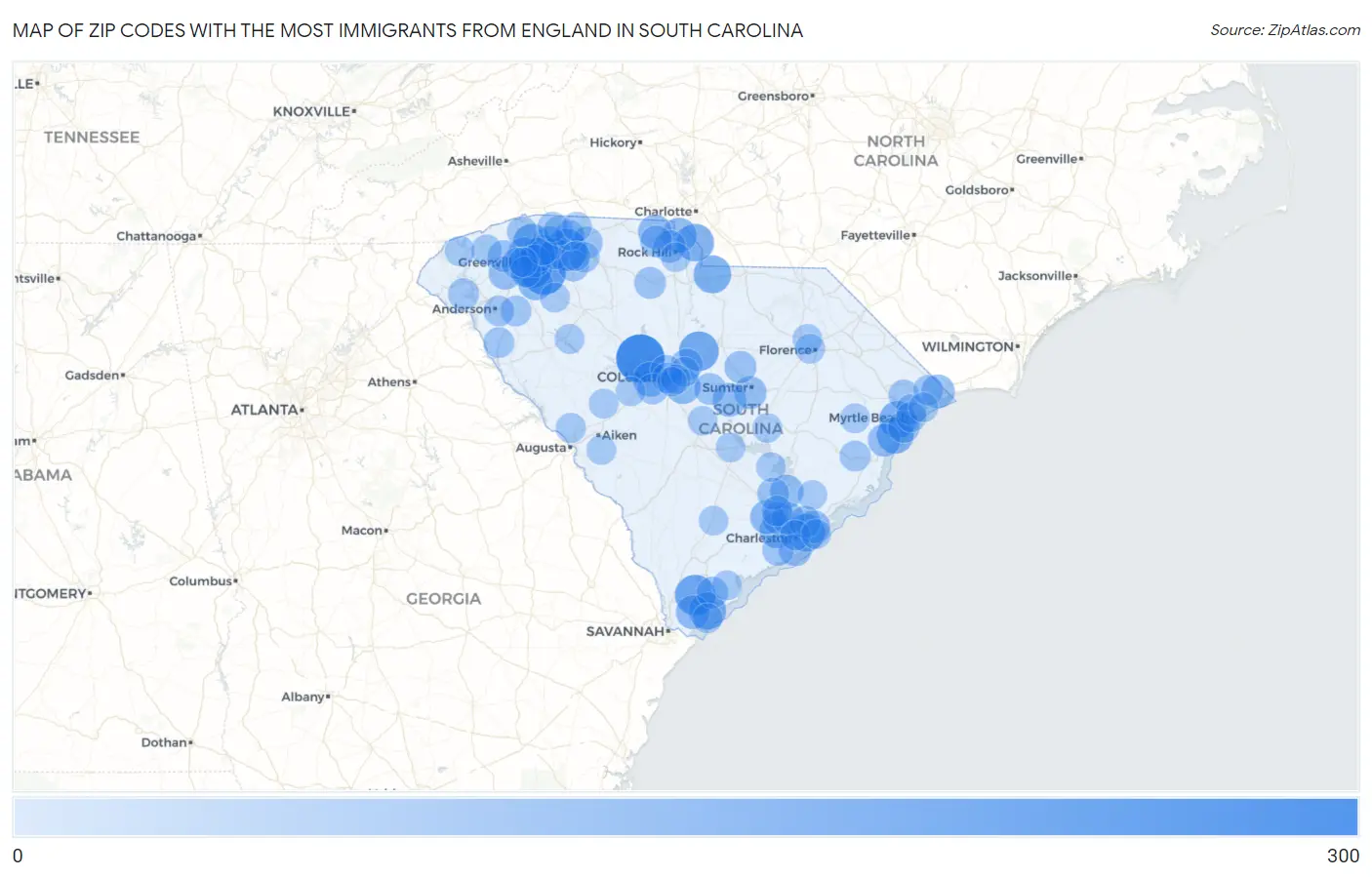 Zip Codes with the Most Immigrants from England in South Carolina Map
