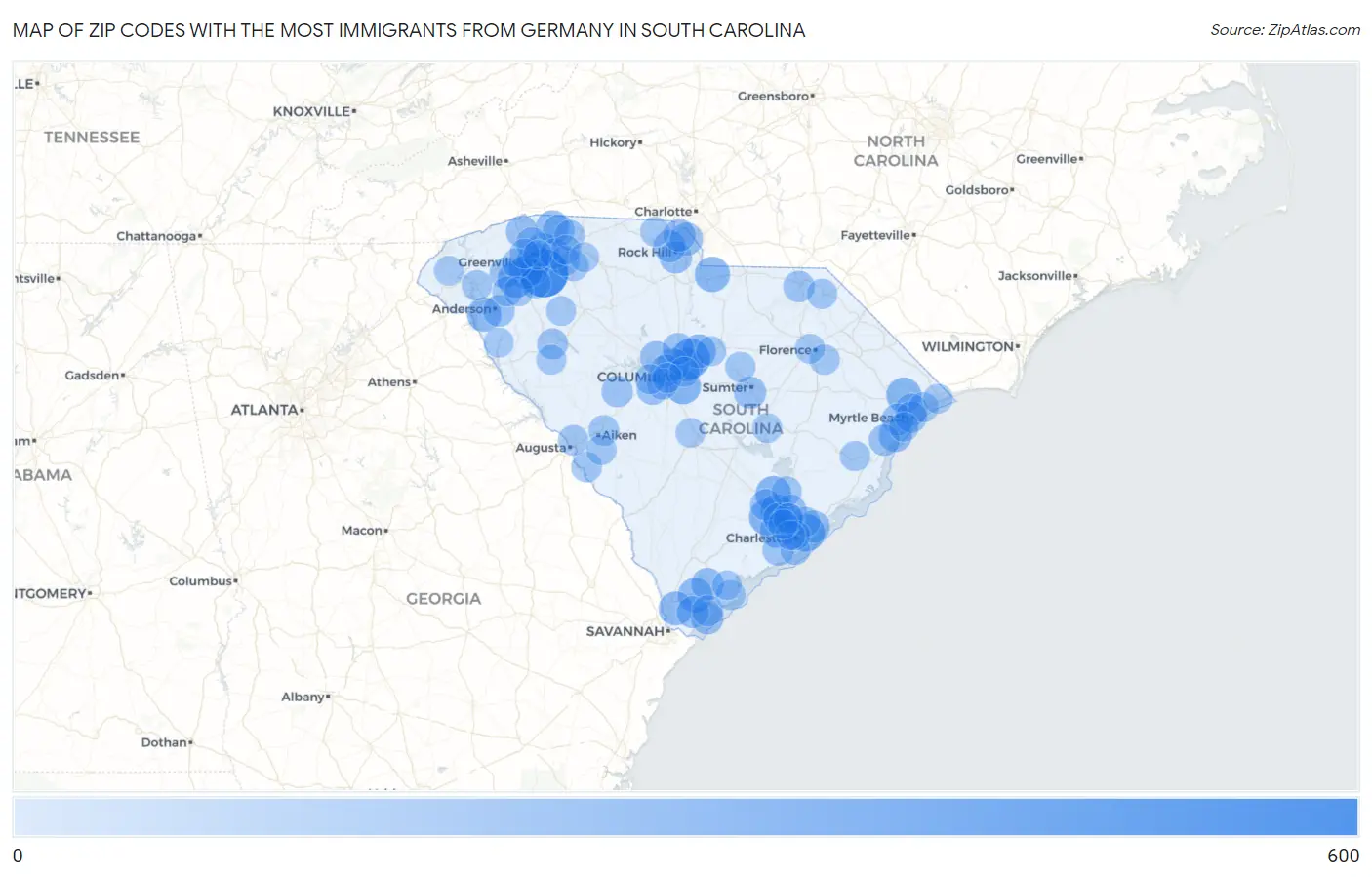 Zip Codes with the Most Immigrants from Germany in South Carolina Map