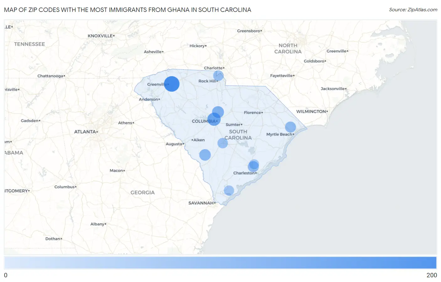 Zip Codes with the Most Immigrants from Ghana in South Carolina Map