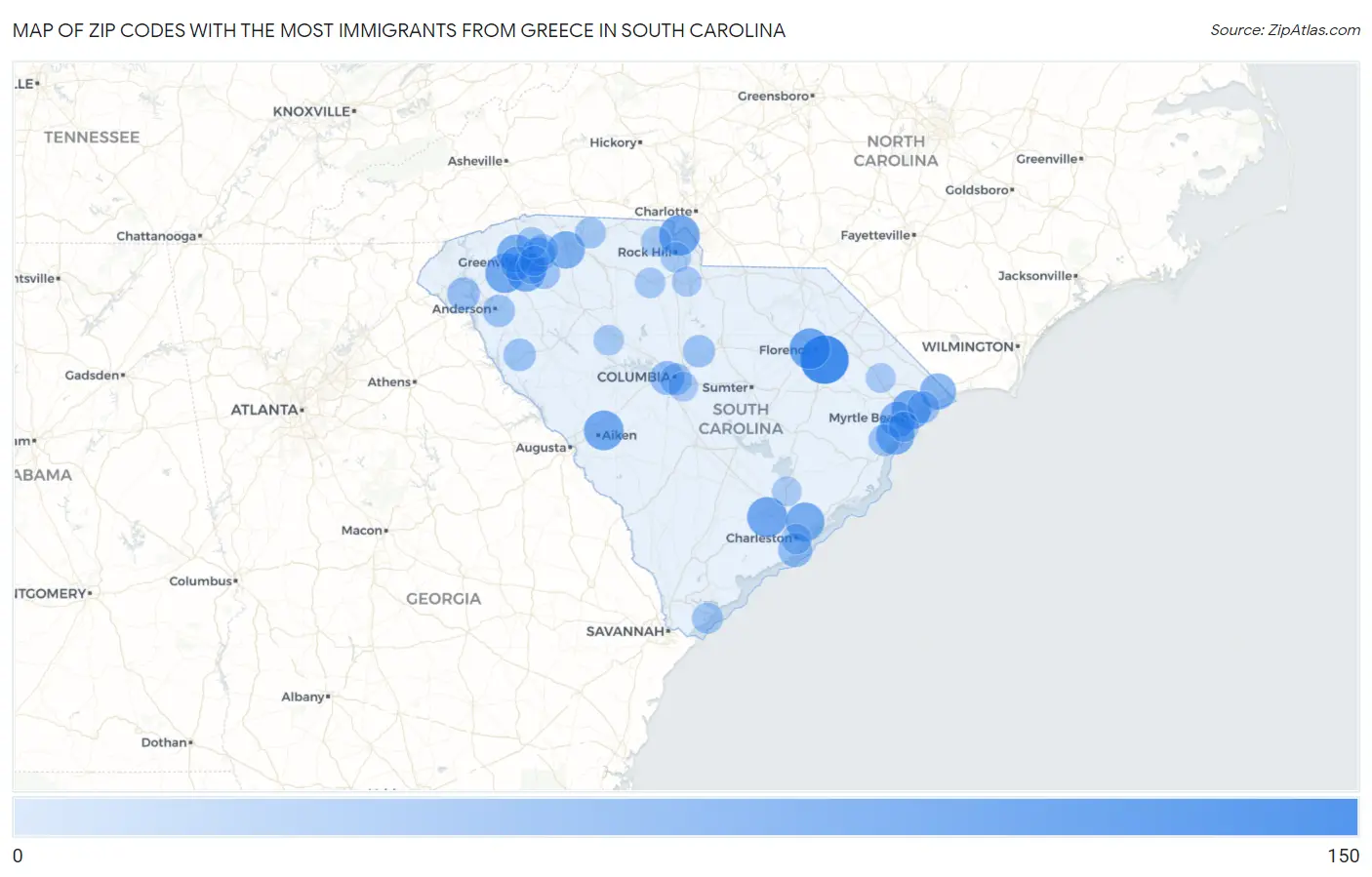 Zip Codes with the Most Immigrants from Greece in South Carolina Map