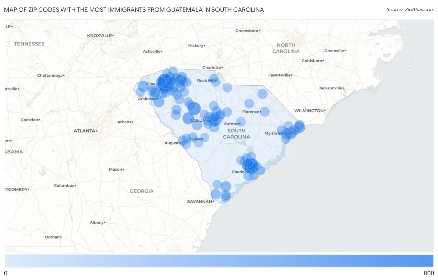 Zip Codes with the Most Immigrants from Guatemala in South Carolina Map