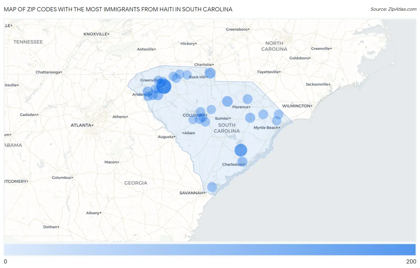 Zip Codes with the Most Immigrants from Haiti in South Carolina Map