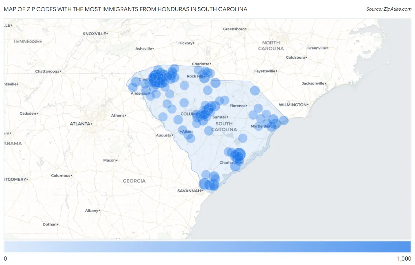 Zip Codes with the Most Immigrants from Honduras in South Carolina Map