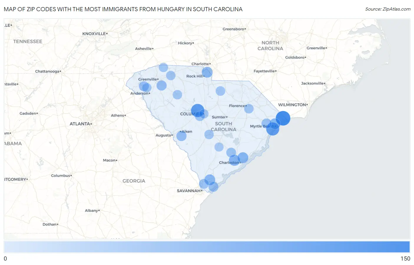 Zip Codes with the Most Immigrants from Hungary in South Carolina Map