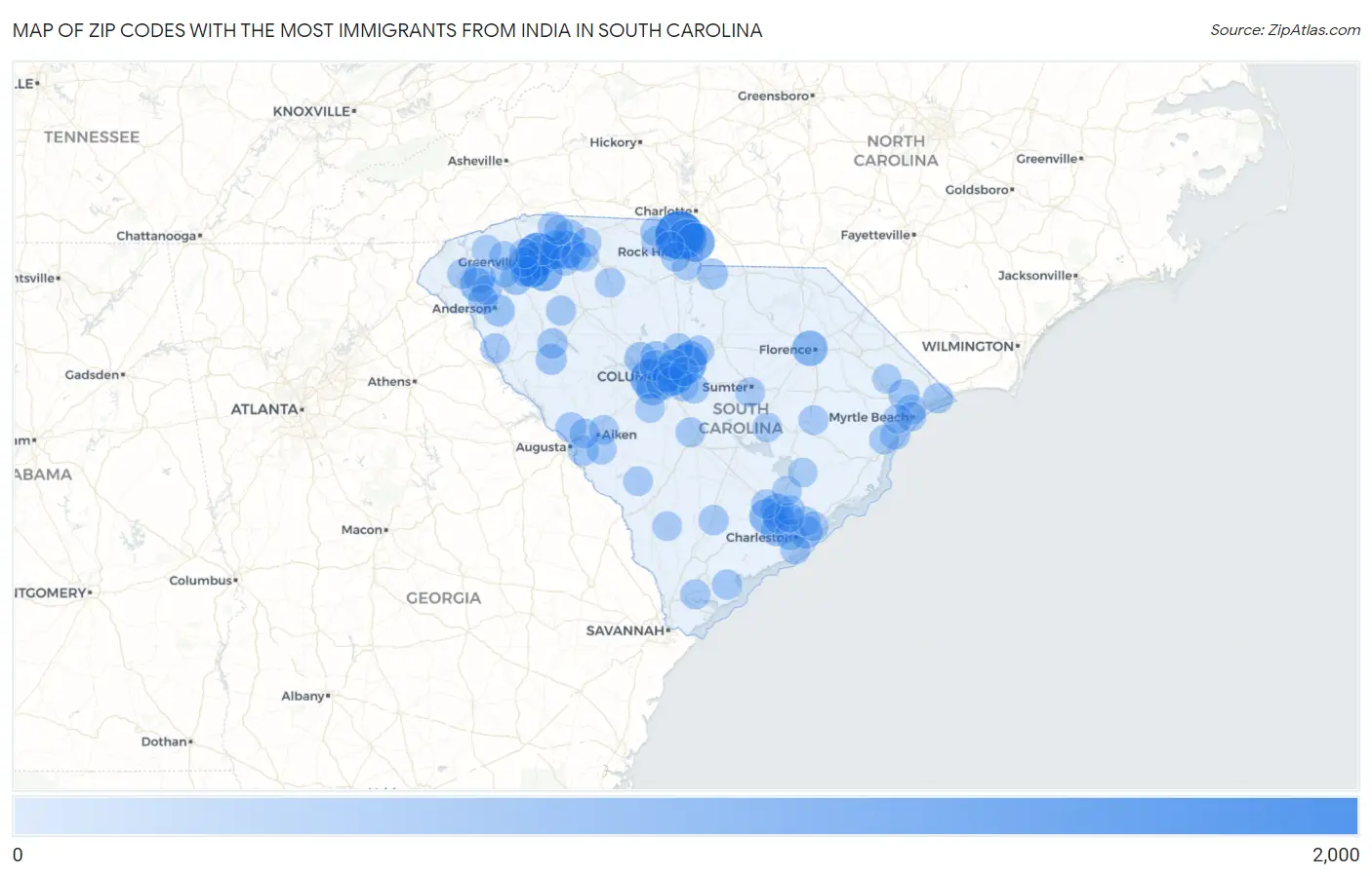 Zip Codes with the Most Immigrants from India in South Carolina Map