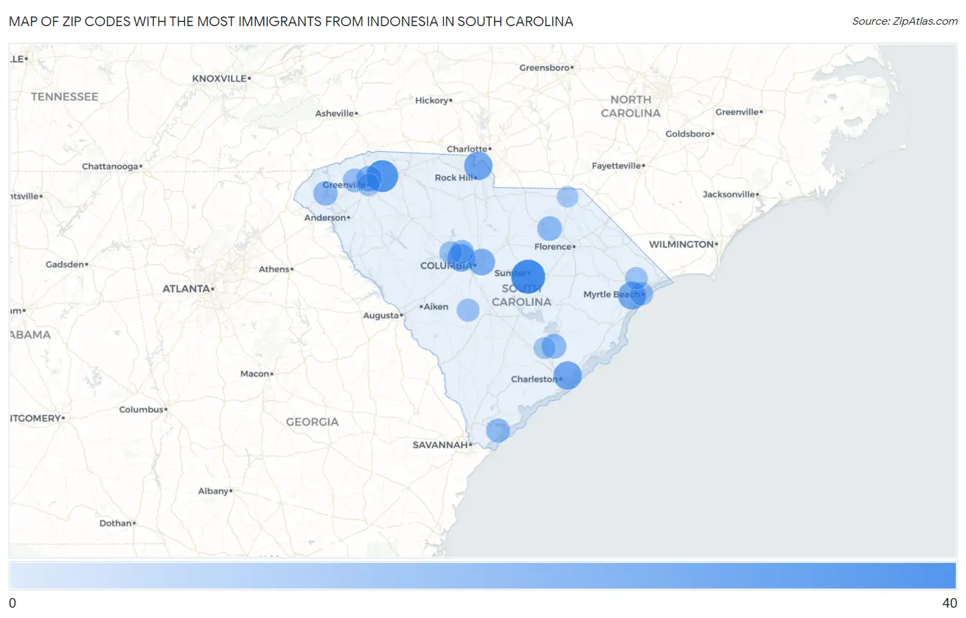 Zip Codes with the Most Immigrants from Indonesia in South Carolina Map