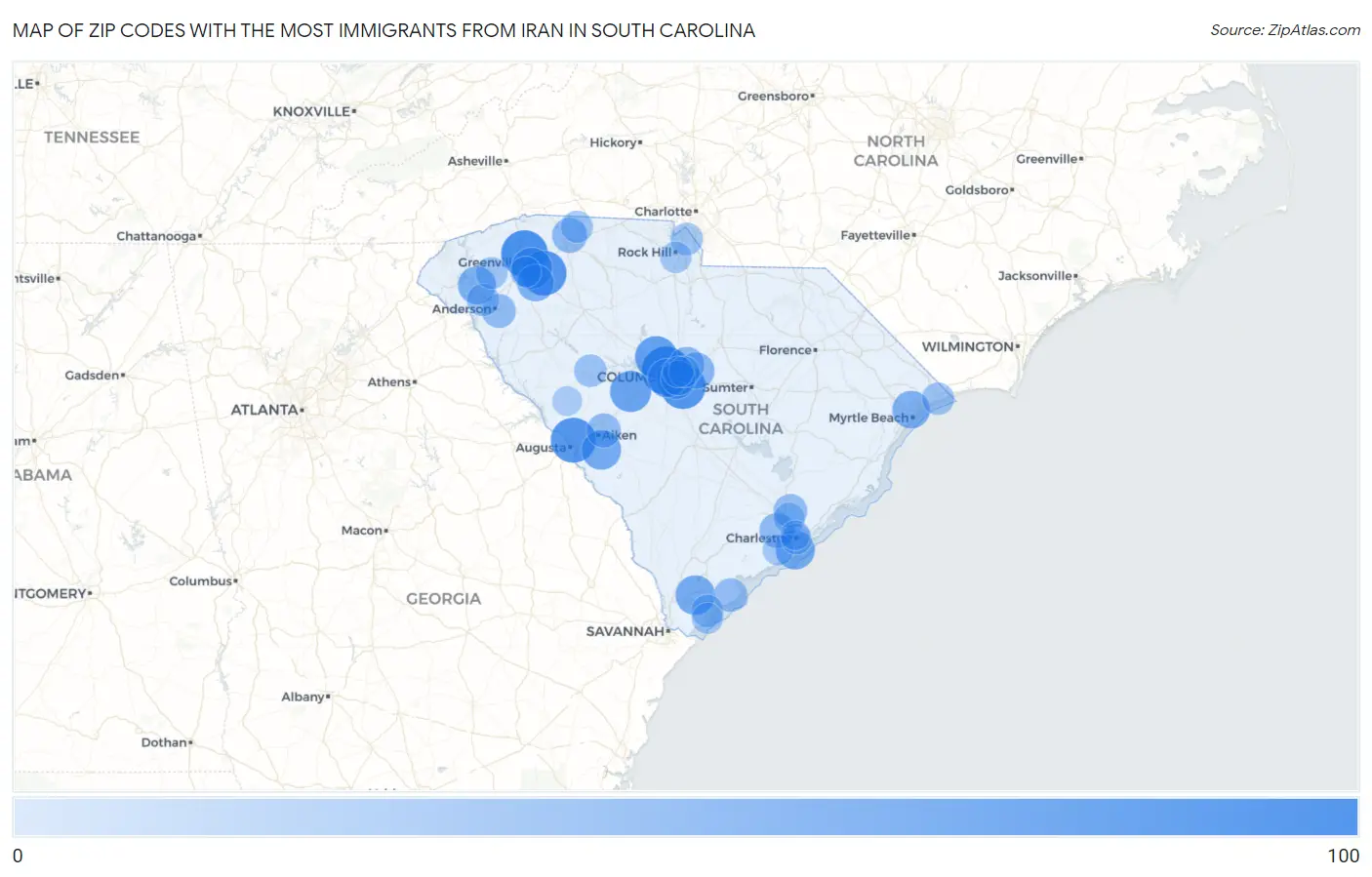 Zip Codes with the Most Immigrants from Iran in South Carolina Map