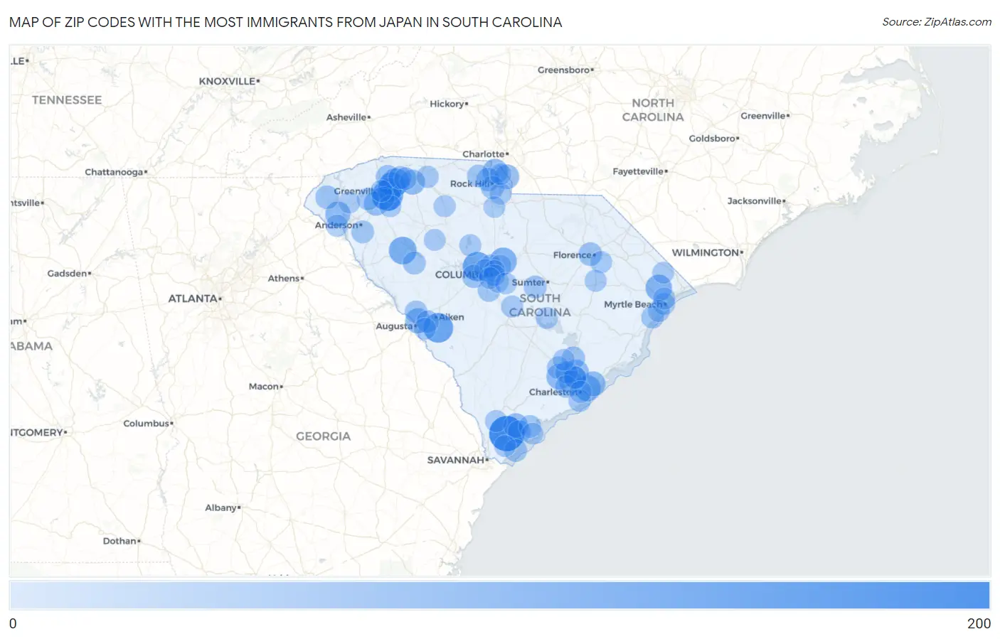 Zip Codes with the Most Immigrants from Japan in South Carolina Map
