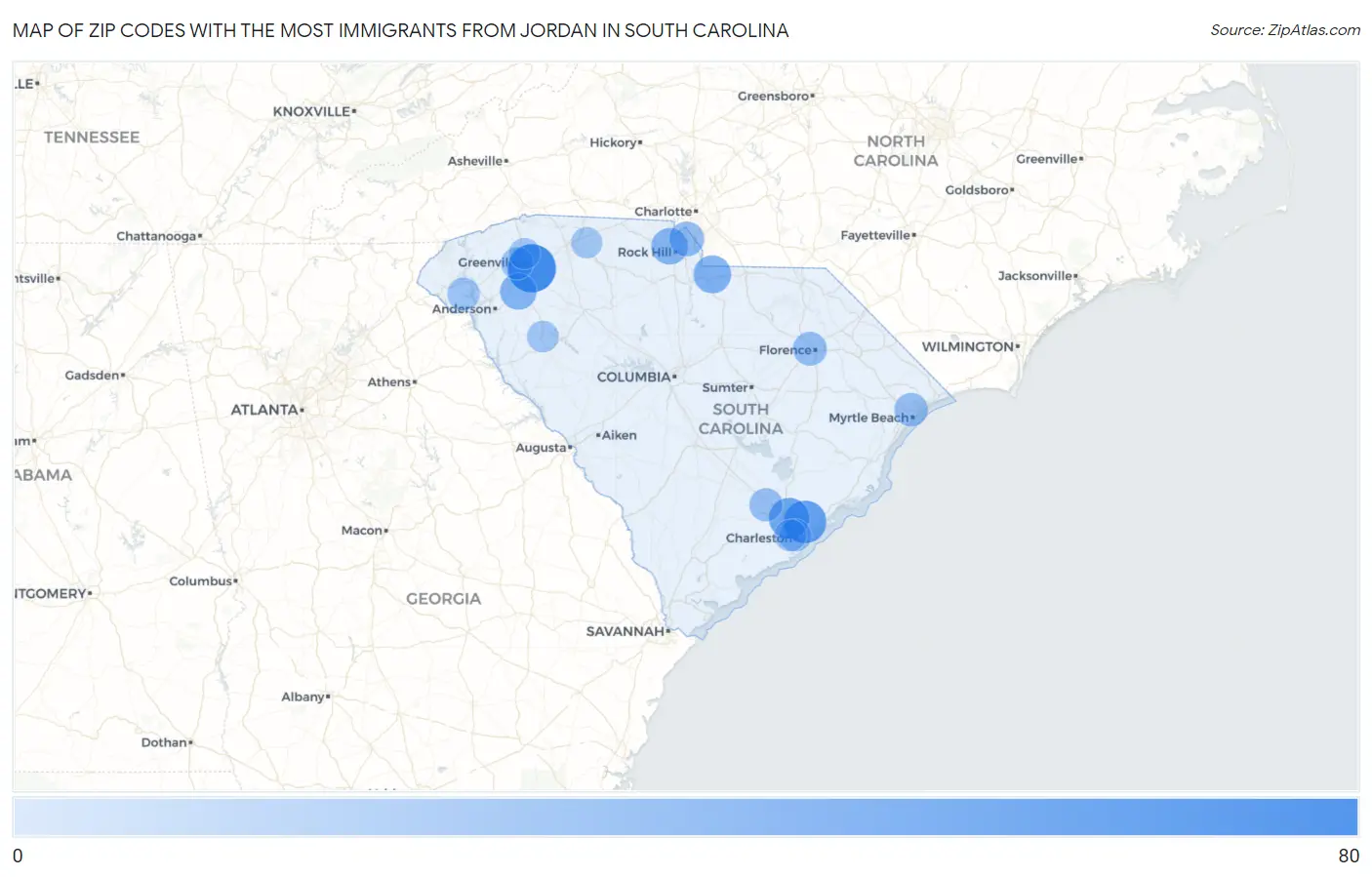Zip Codes with the Most Immigrants from Jordan in South Carolina Map