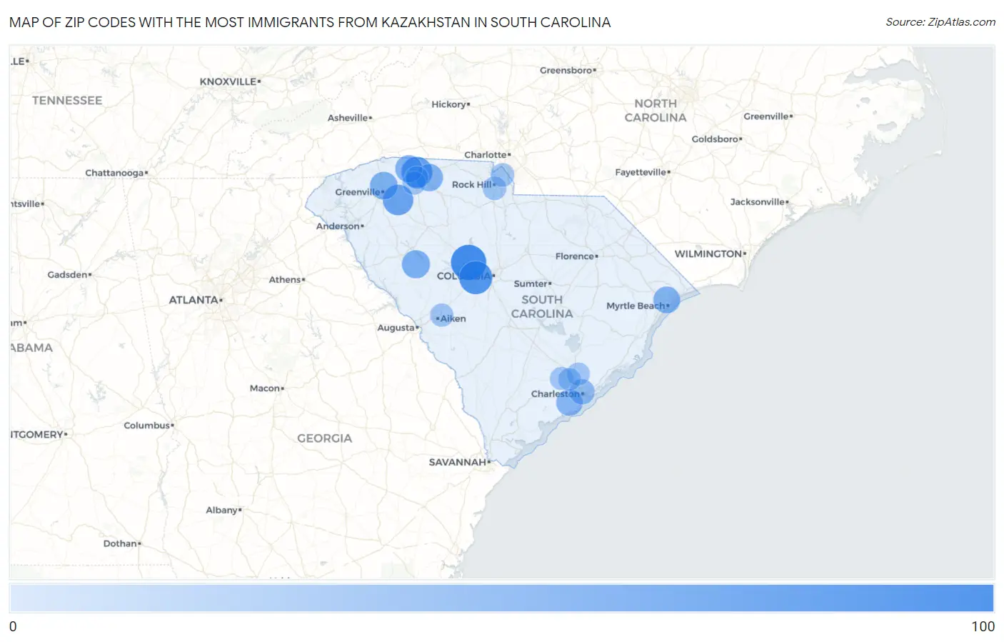 Zip Codes with the Most Immigrants from Kazakhstan in South Carolina Map