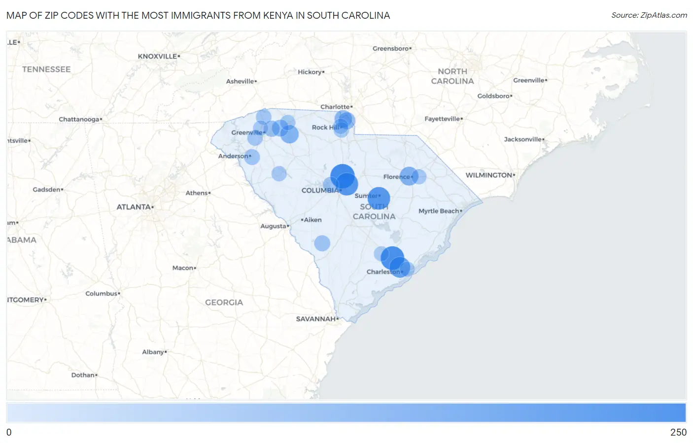 Zip Codes with the Most Immigrants from Kenya in South Carolina Map