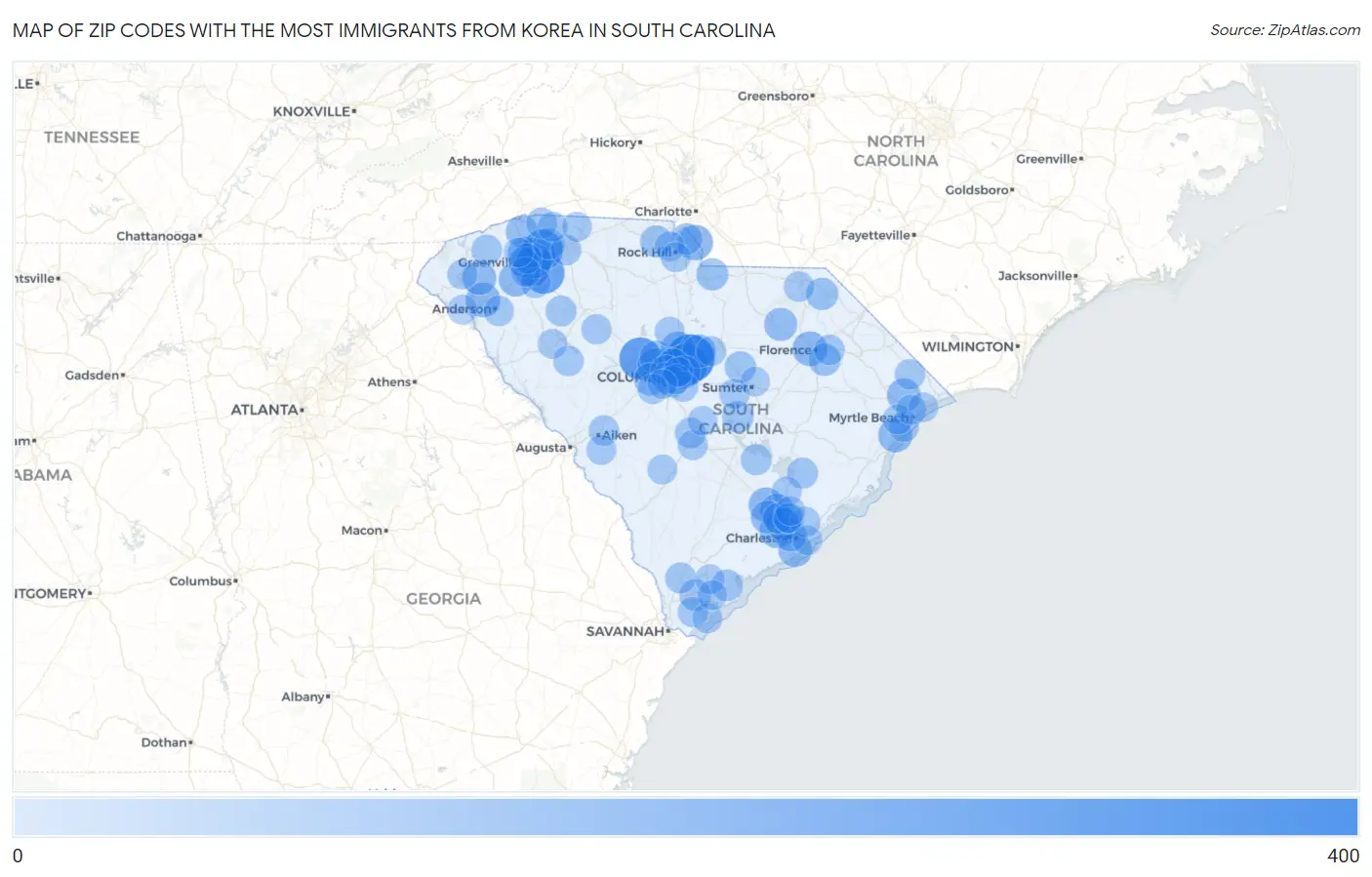 Zip Codes with the Most Immigrants from Korea in South Carolina Map