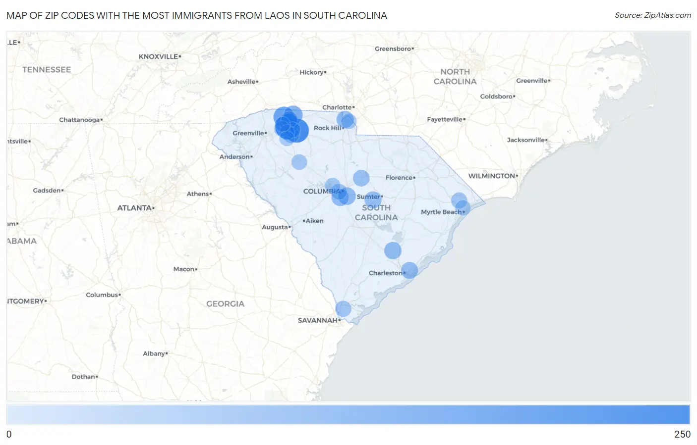 Zip Codes with the Most Immigrants from Laos in South Carolina Map