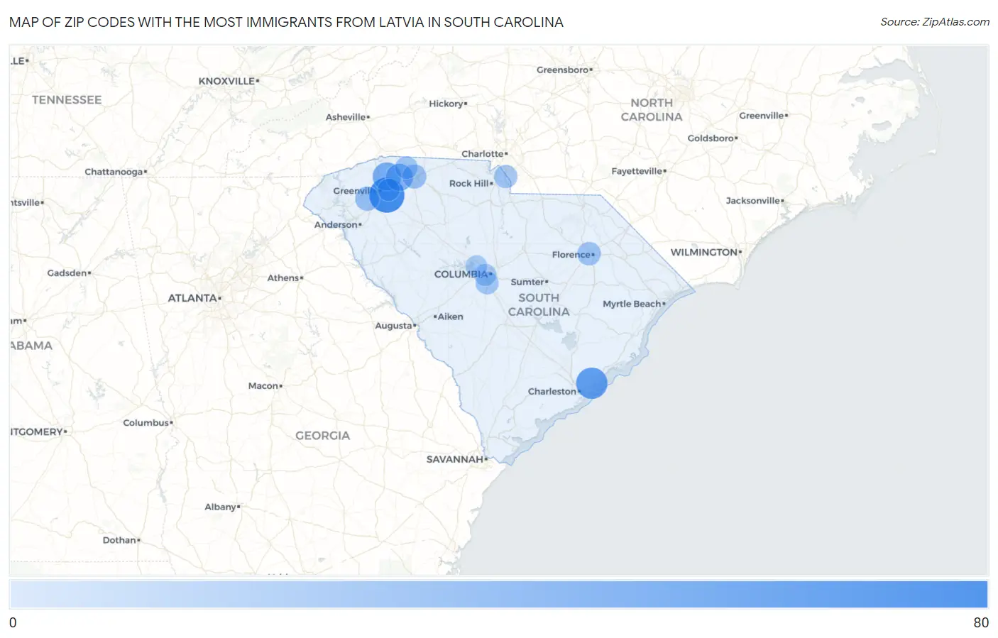 Zip Codes with the Most Immigrants from Latvia in South Carolina Map