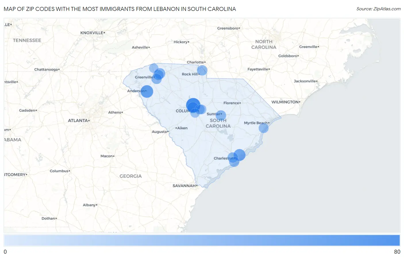 Zip Codes with the Most Immigrants from Lebanon in South Carolina Map