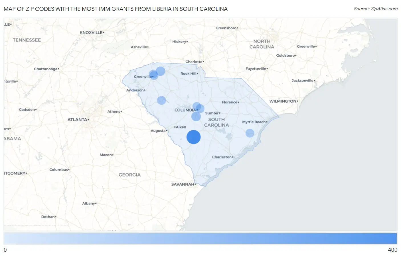 Zip Codes with the Most Immigrants from Liberia in South Carolina Map