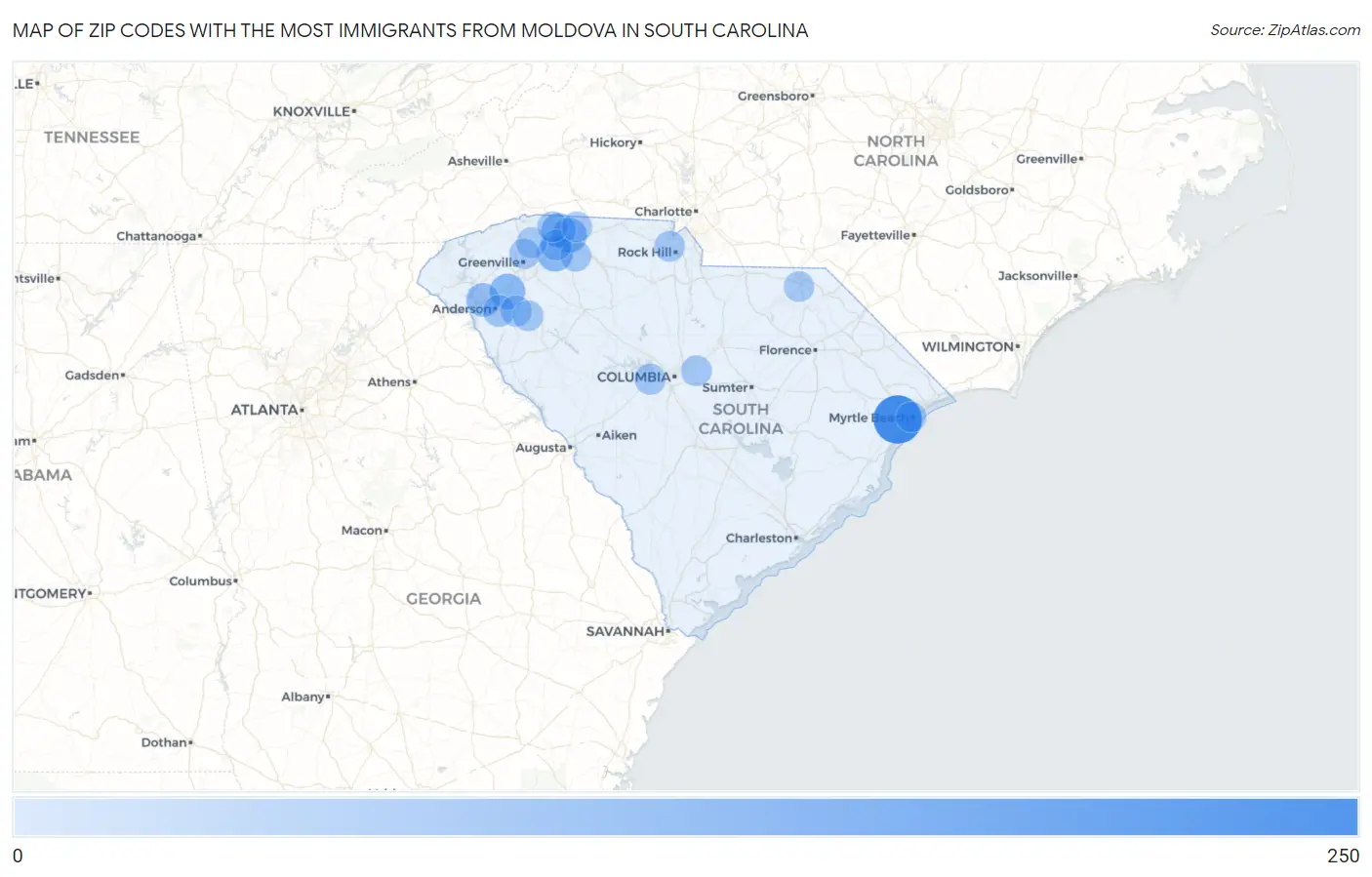 Zip Codes with the Most Immigrants from Moldova in South Carolina Map