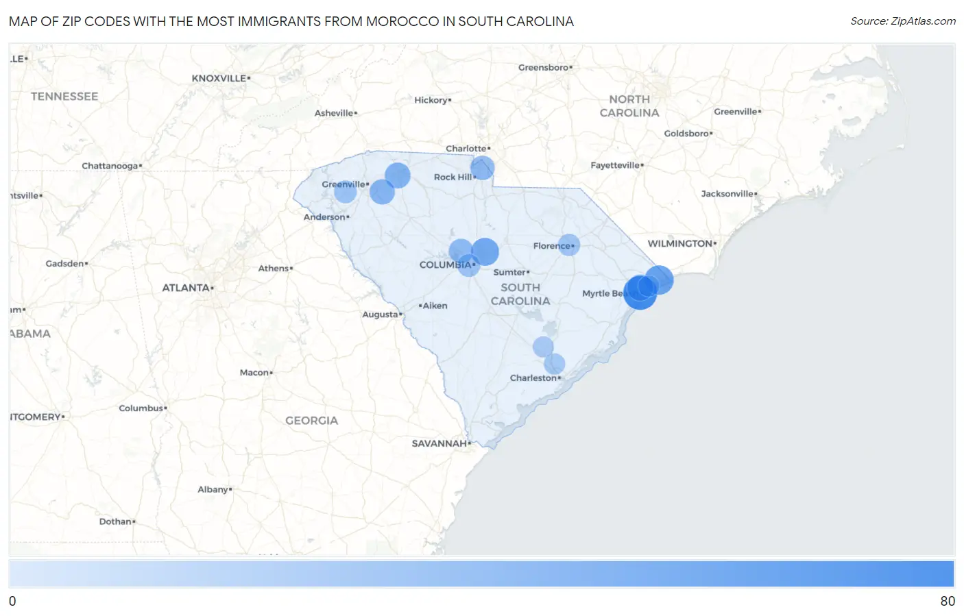 Zip Codes with the Most Immigrants from Morocco in South Carolina Map