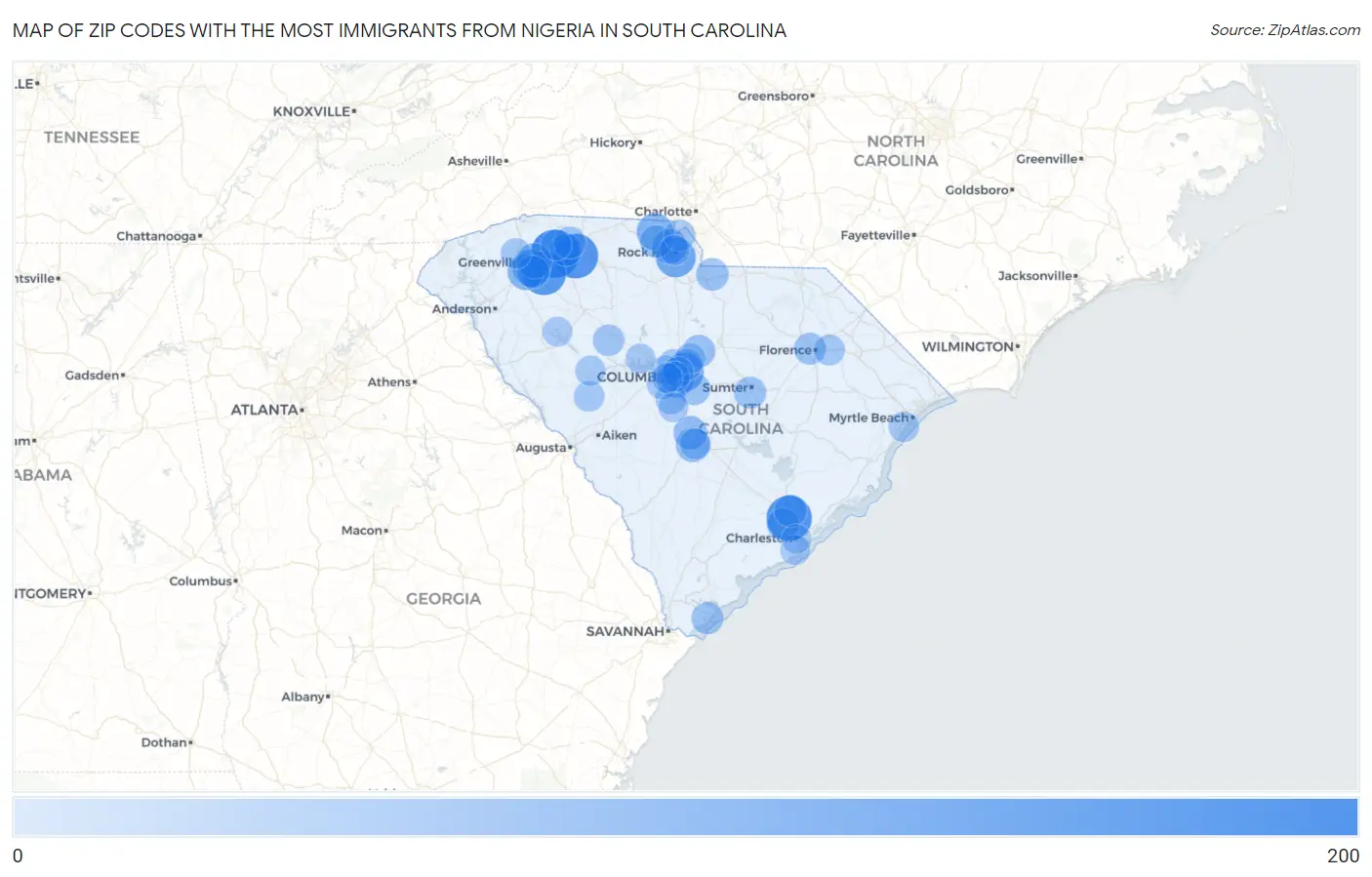 Zip Codes with the Most Immigrants from Nigeria in South Carolina Map
