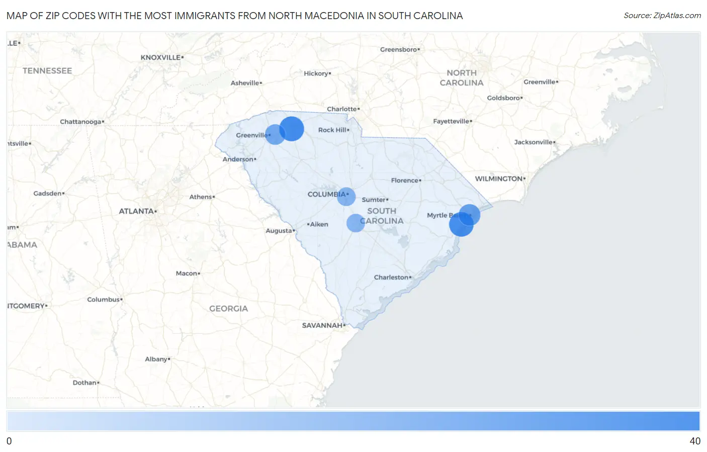 Zip Codes with the Most Immigrants from North Macedonia in South Carolina Map