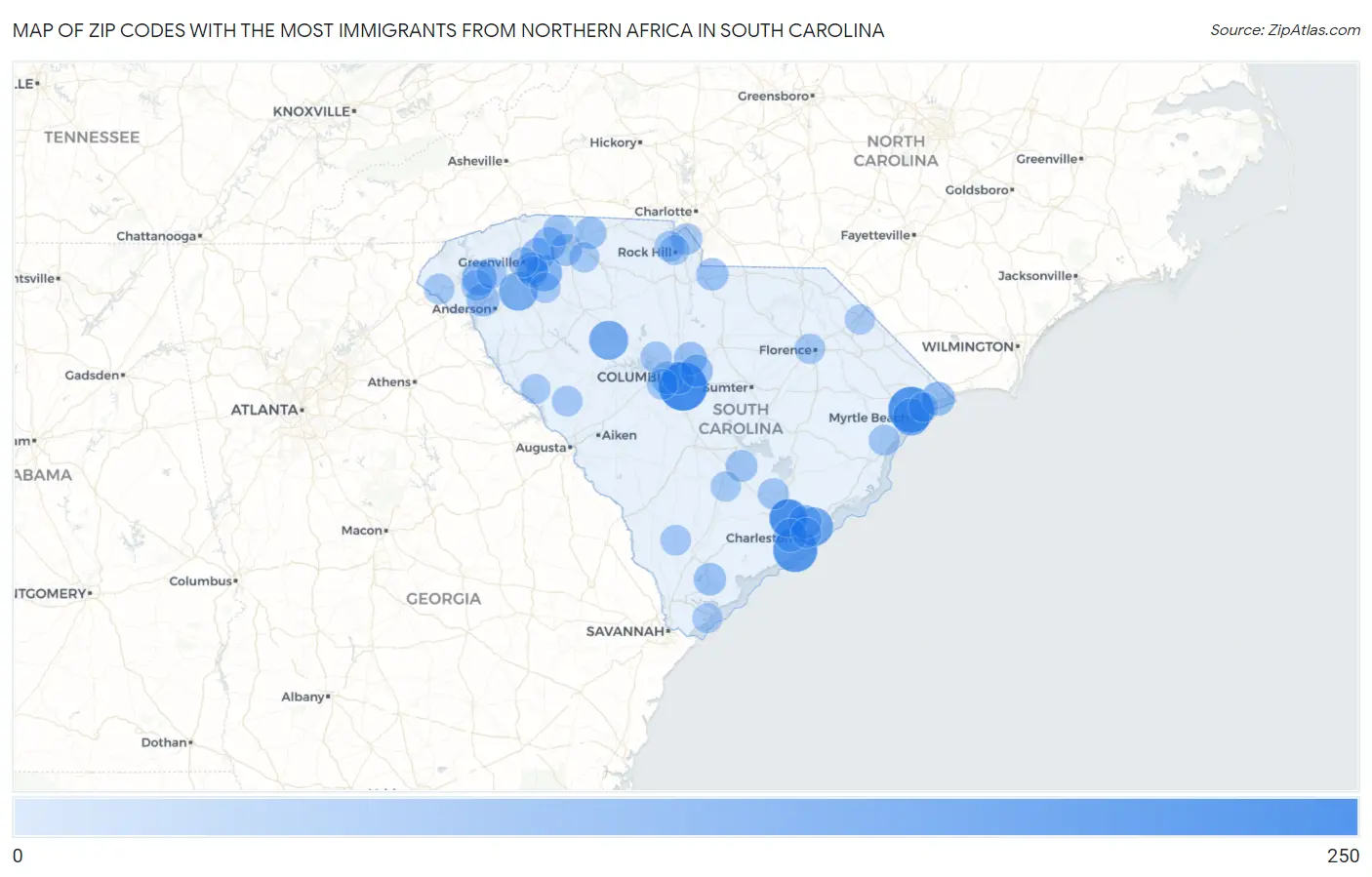 Zip Codes with the Most Immigrants from Northern Africa in South Carolina Map
