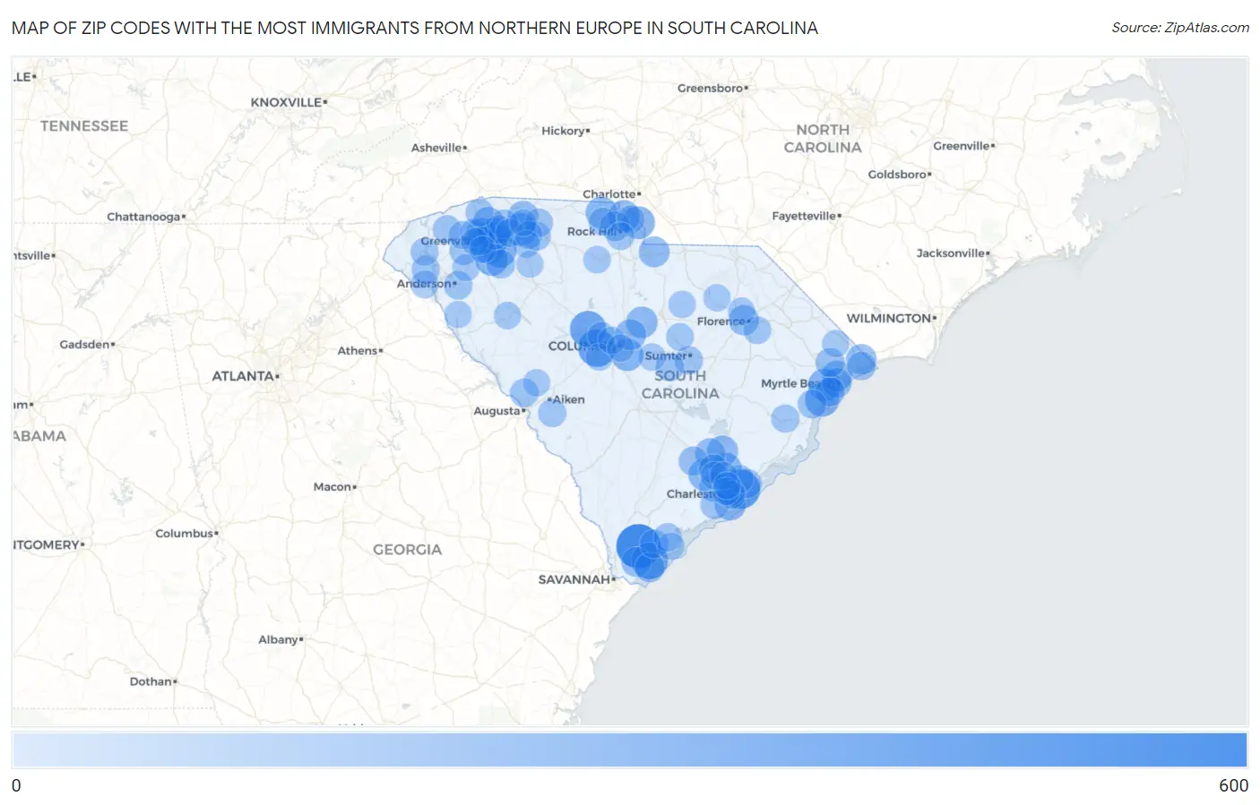 Zip Codes with the Most Immigrants from Northern Europe in South Carolina Map