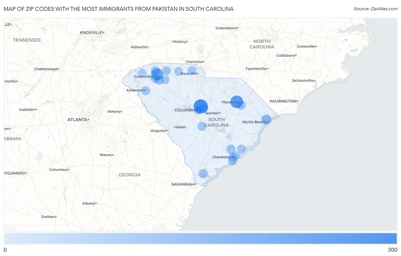 Zip Codes with the Most Immigrants from Pakistan in South Carolina Map
