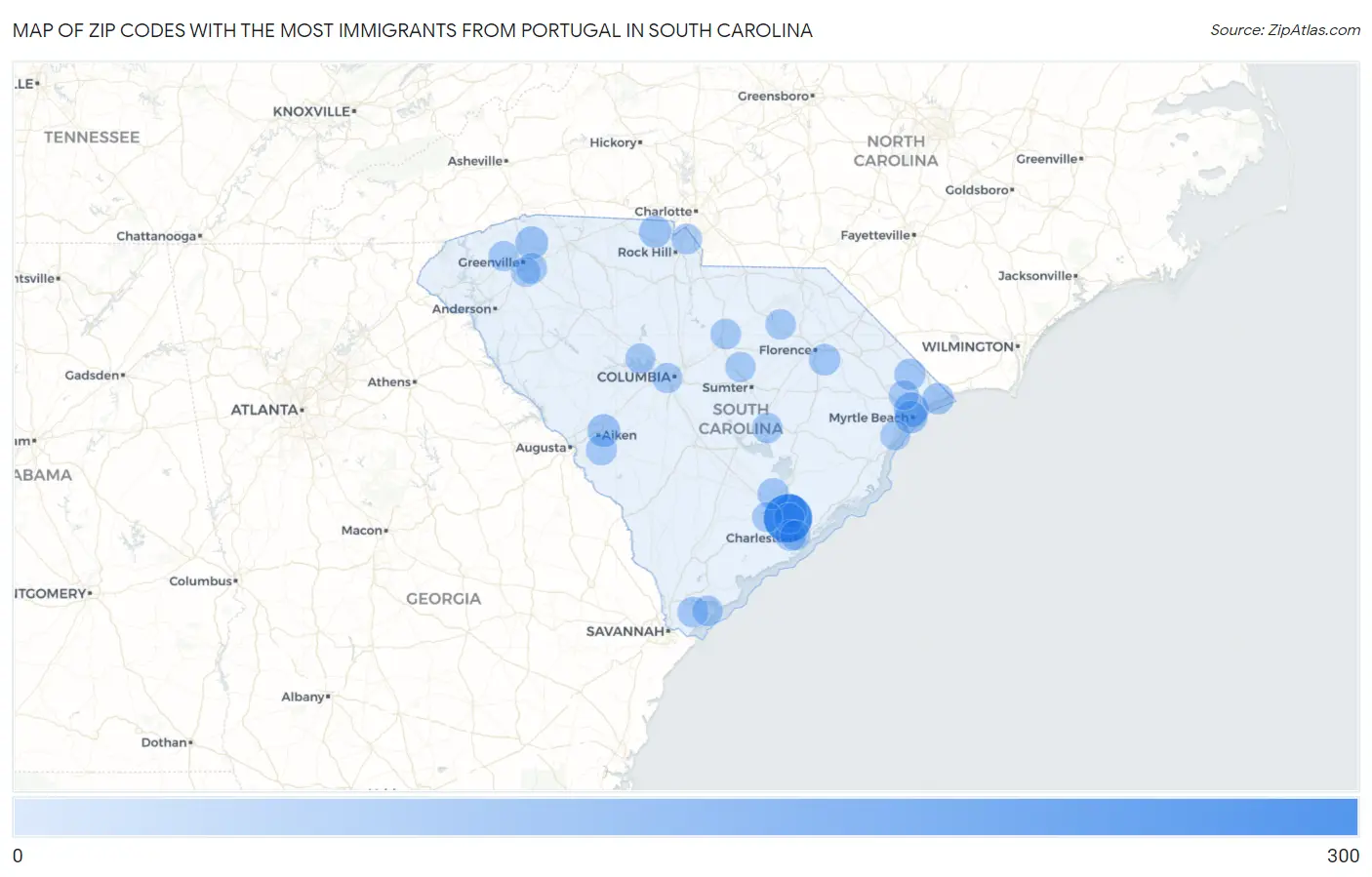 Zip Codes with the Most Immigrants from Portugal in South Carolina Map