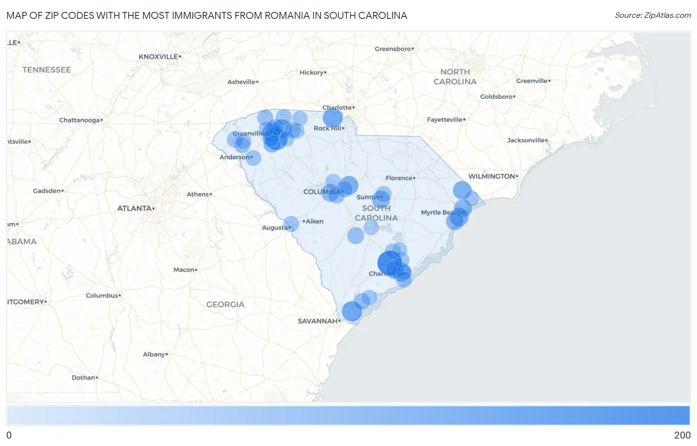 Zip Codes with the Most Immigrants from Romania in South Carolina Map