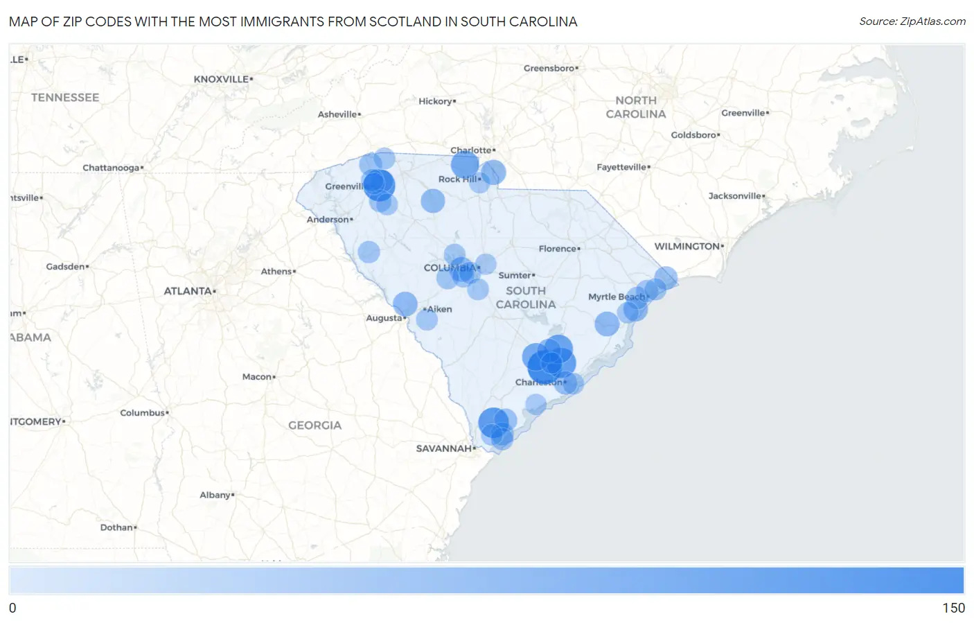 Zip Codes with the Most Immigrants from Scotland in South Carolina Map