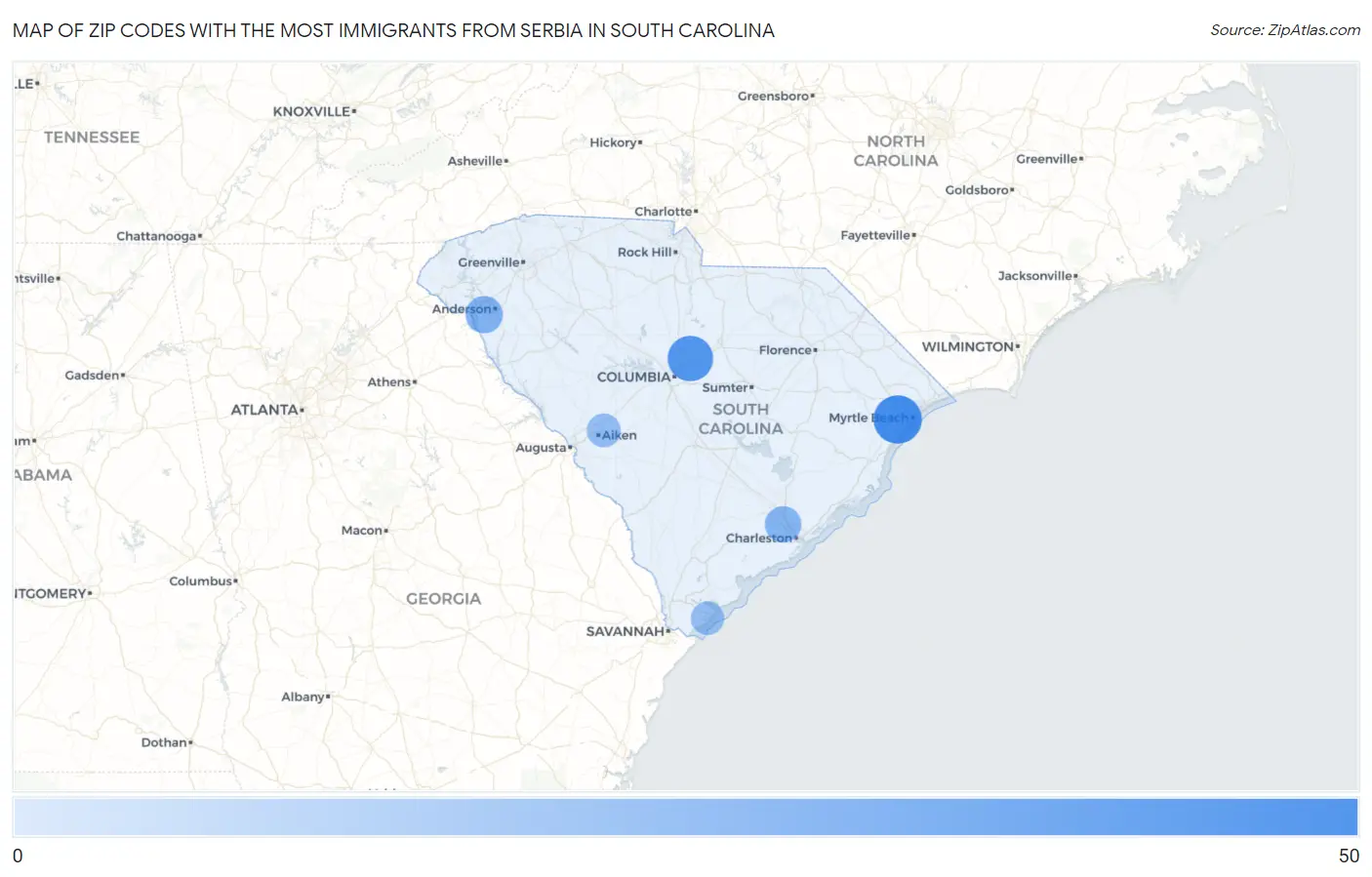 Zip Codes with the Most Immigrants from Serbia in South Carolina Map
