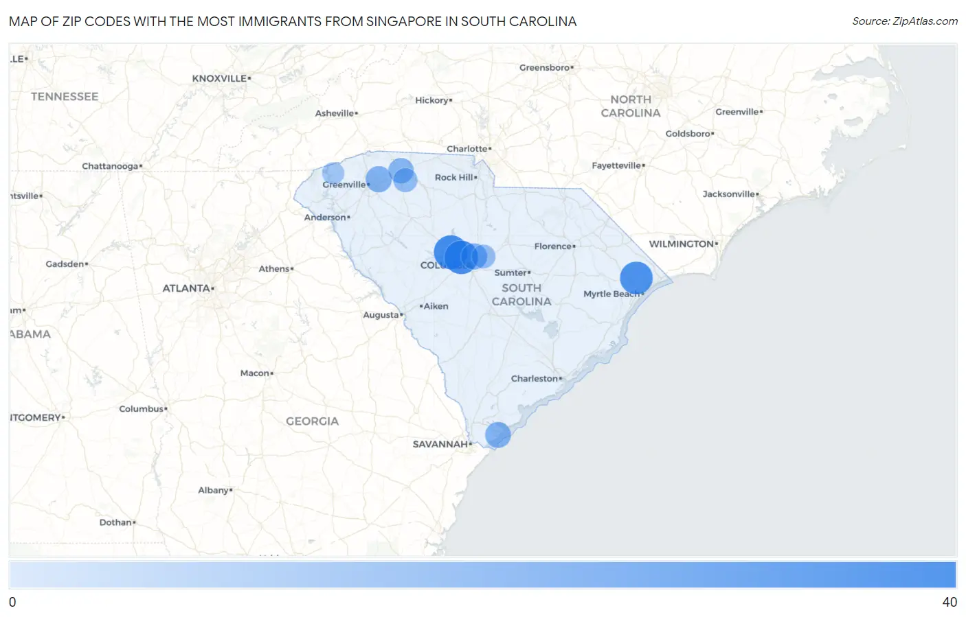 Zip Codes with the Most Immigrants from Singapore in South Carolina Map
