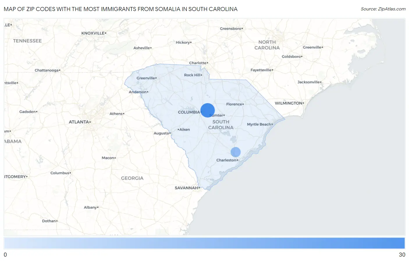 Zip Codes with the Most Immigrants from Somalia in South Carolina Map
