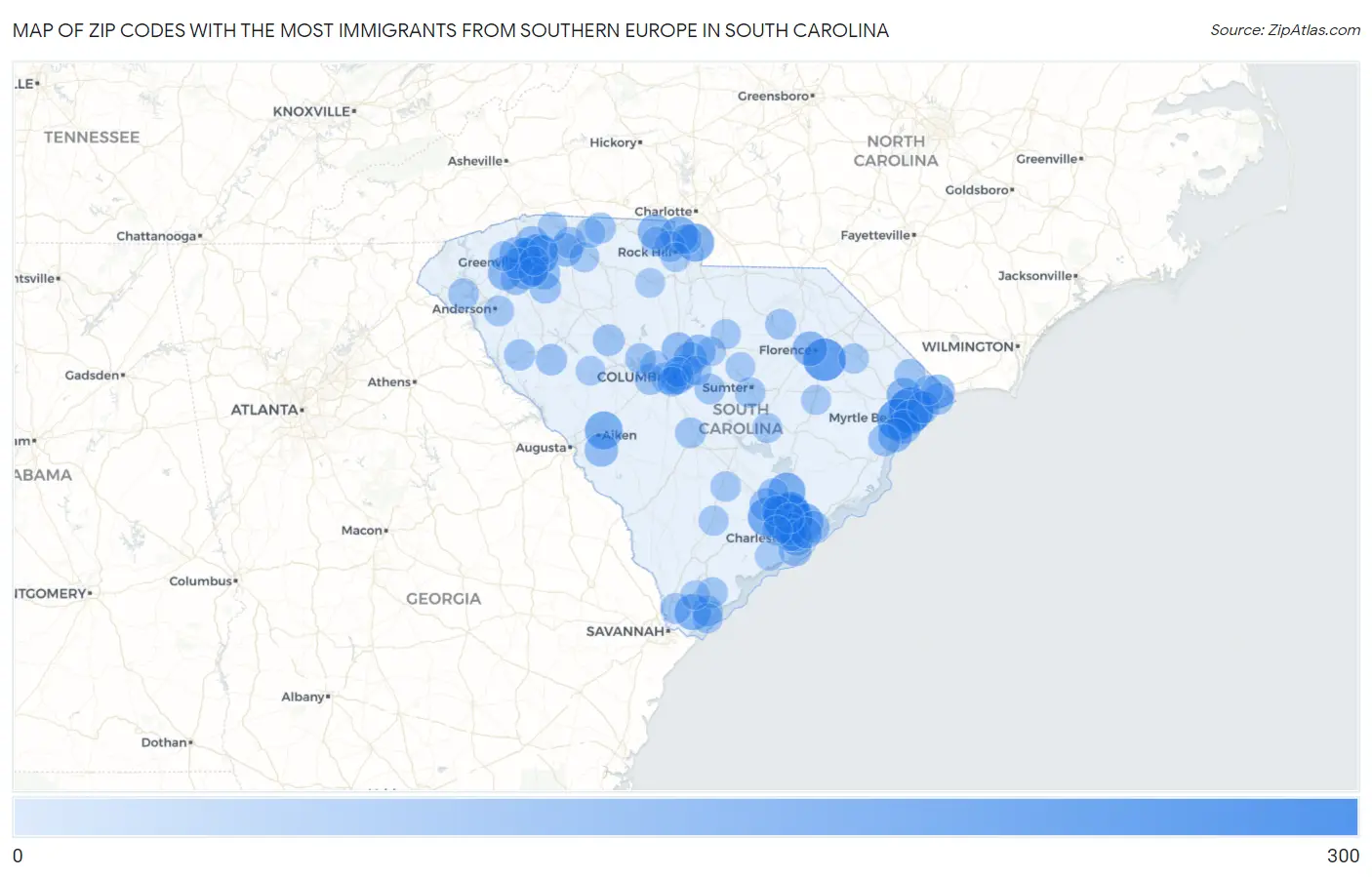 Zip Codes with the Most Immigrants from Southern Europe in South Carolina Map