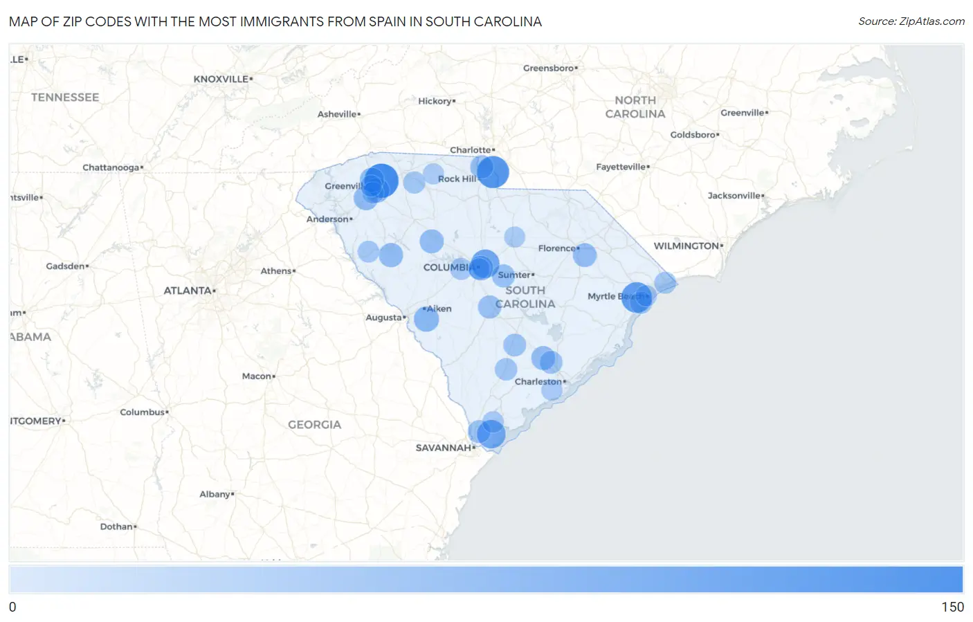 Zip Codes with the Most Immigrants from Spain in South Carolina Map