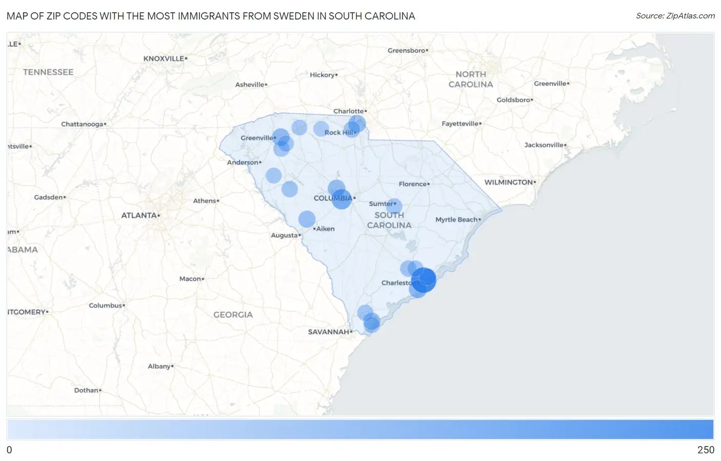 Zip Codes with the Most Immigrants from Sweden in South Carolina Map