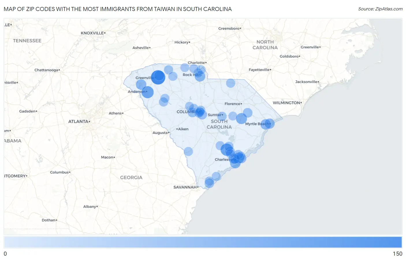 Zip Codes with the Most Immigrants from Taiwan in South Carolina Map