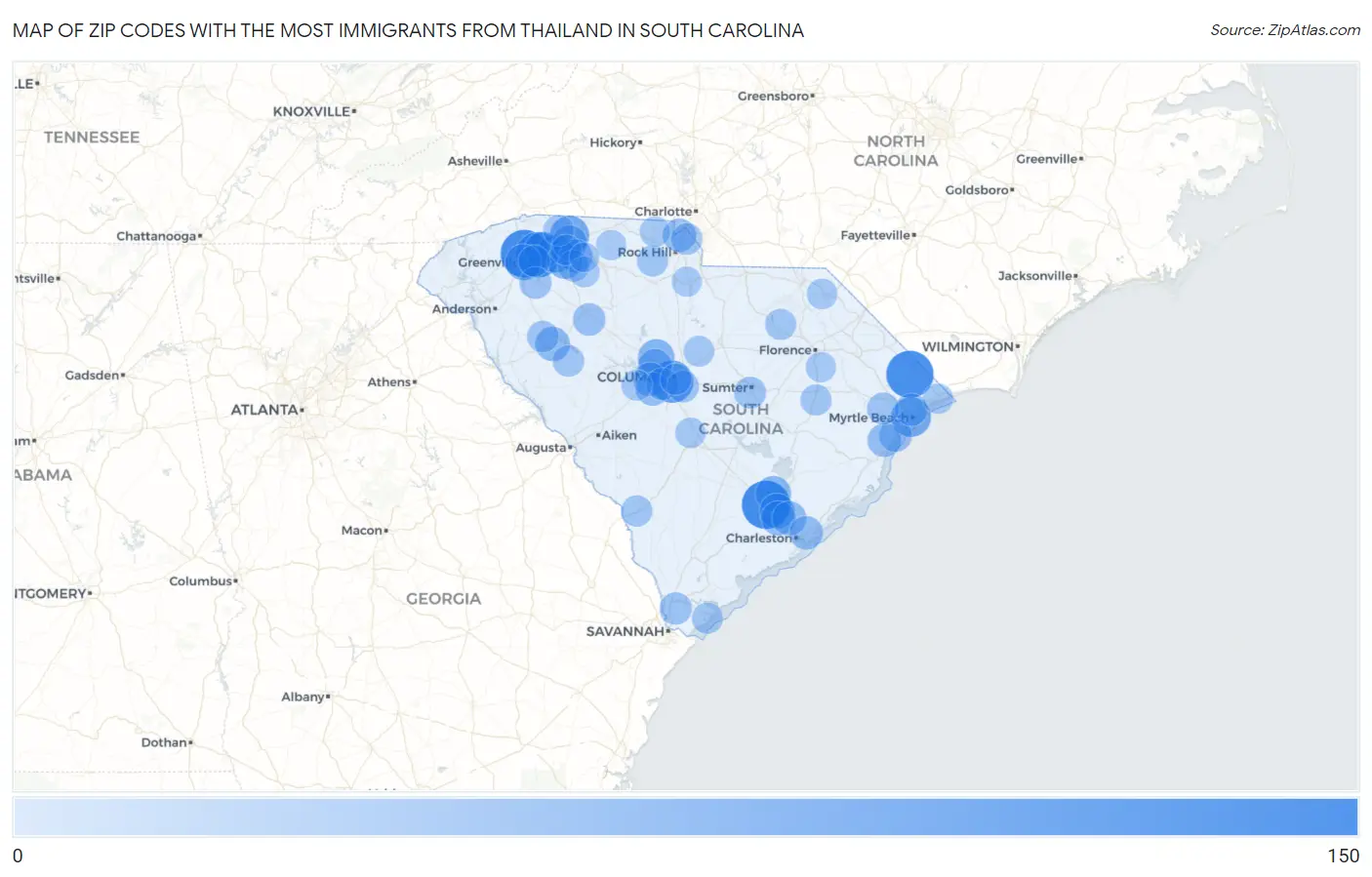 Zip Codes with the Most Immigrants from Thailand in South Carolina Map