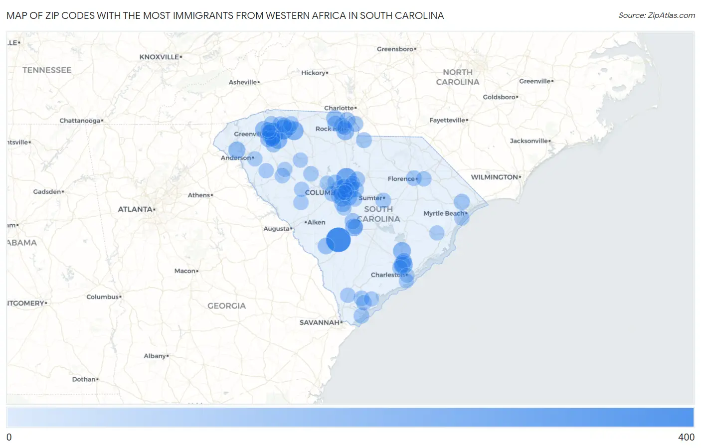 Zip Codes with the Most Immigrants from Western Africa in South Carolina Map