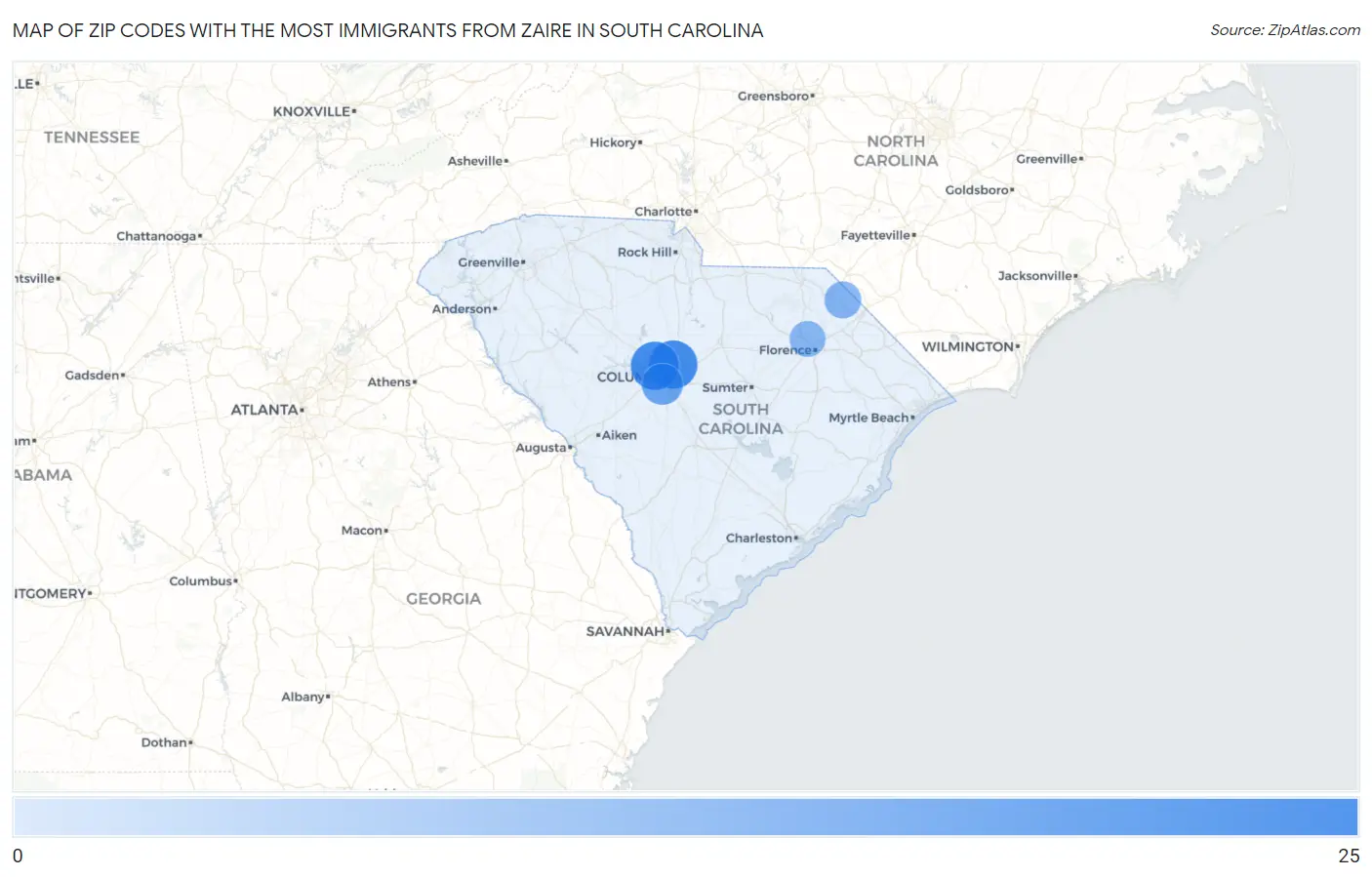 Zip Codes with the Most Immigrants from Zaire in South Carolina Map