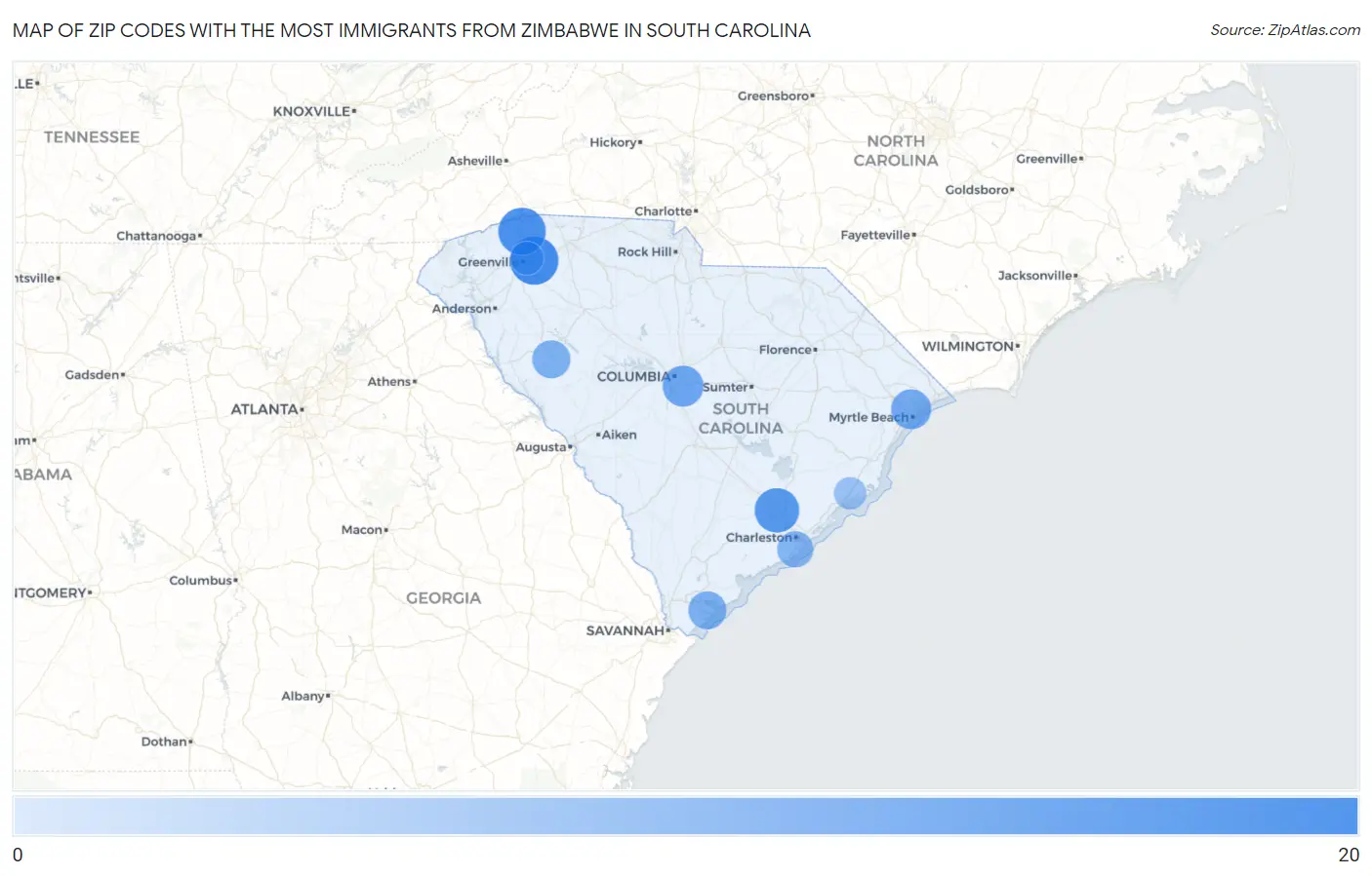 Zip Codes with the Most Immigrants from Zimbabwe in South Carolina Map