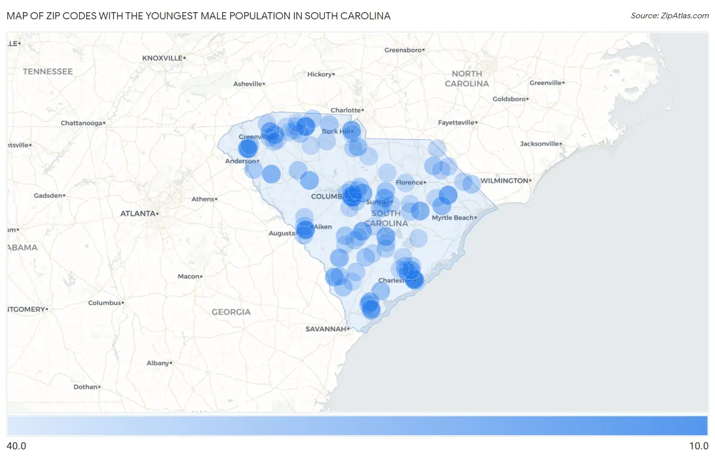Zip Codes with the Youngest Male Population in South Carolina Map