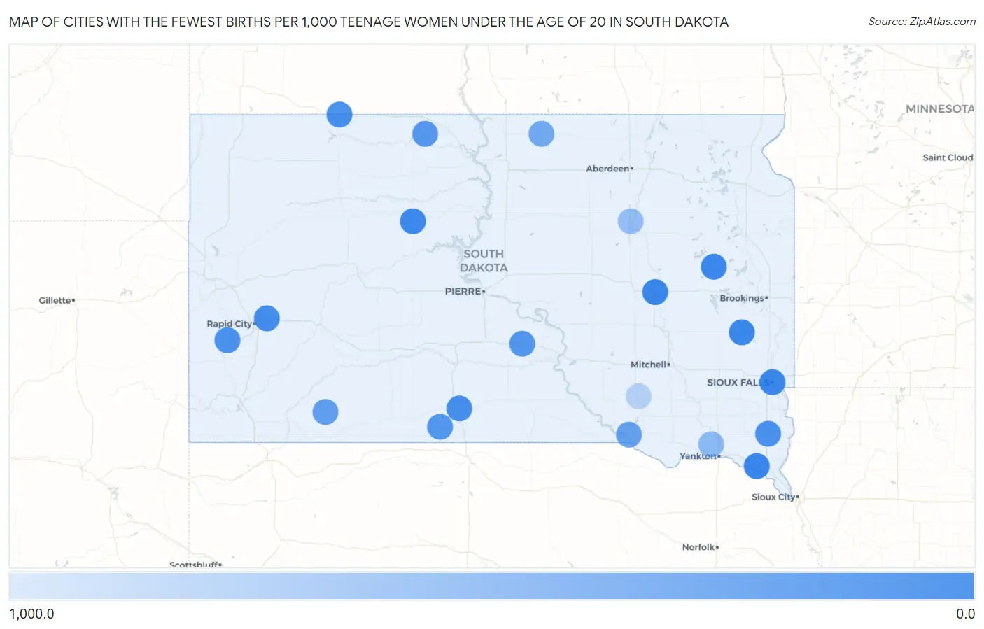 Cities with the Fewest Births per 1,000 Teenage Women Under the Age of 20 in South Dakota Map