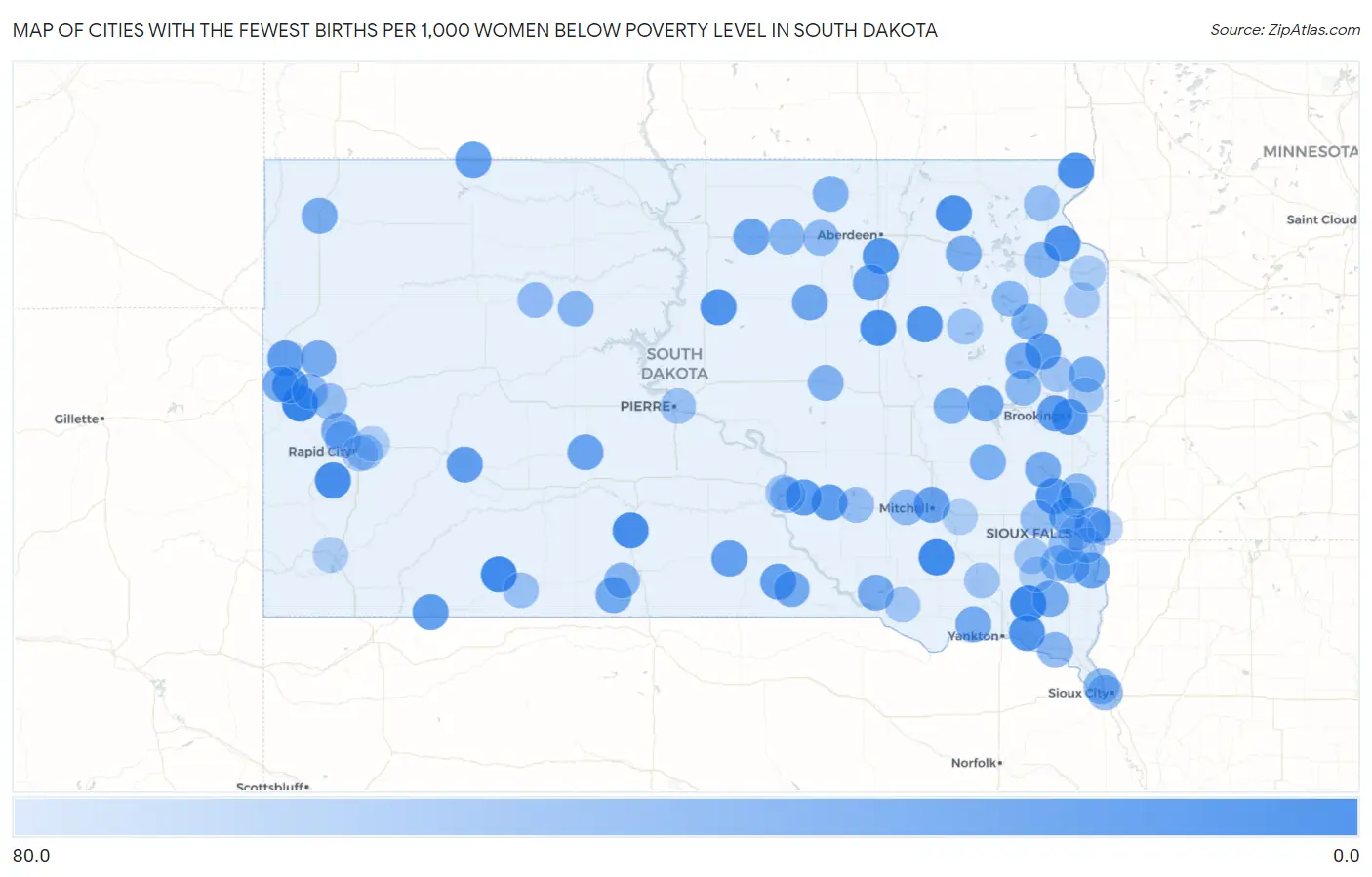 Cities with the Fewest Births per 1,000 Women Below Poverty Level in South Dakota Map