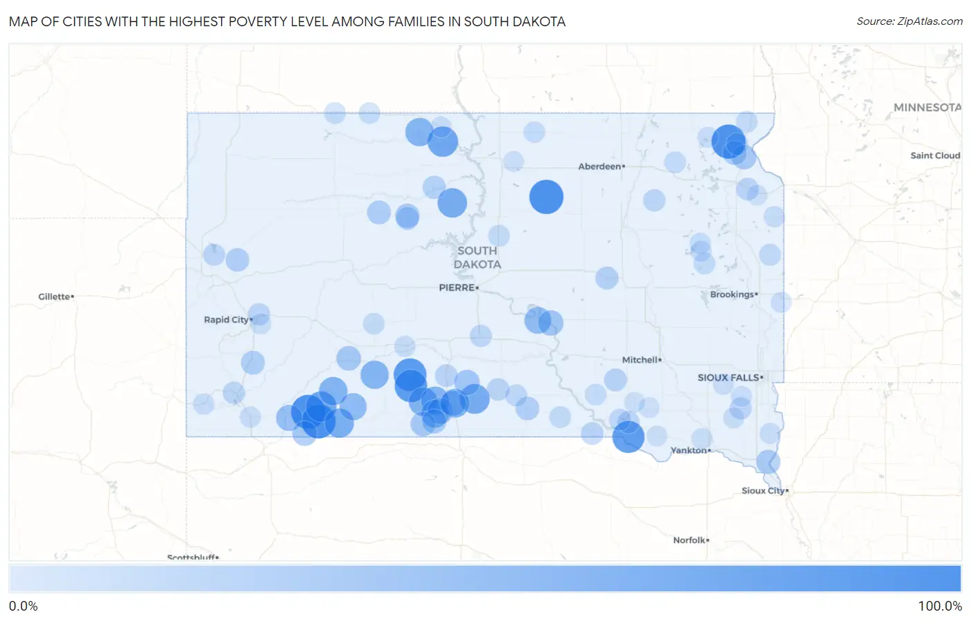 Cities with the Highest Poverty Level Among Families in South Dakota Map