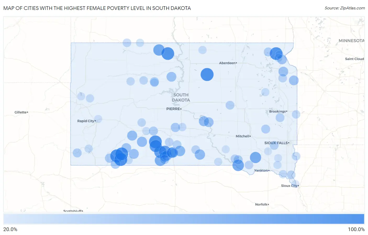 Cities with the Highest Female Poverty Level in South Dakota Map